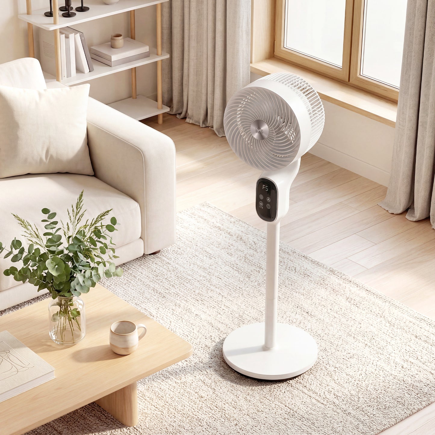 HOMCOM 20 dB Silent Standing Fan for Bedroom, 39in Pedestal Fan with Remote, Oscillating, 8 Speeds, Adjustable Height, White