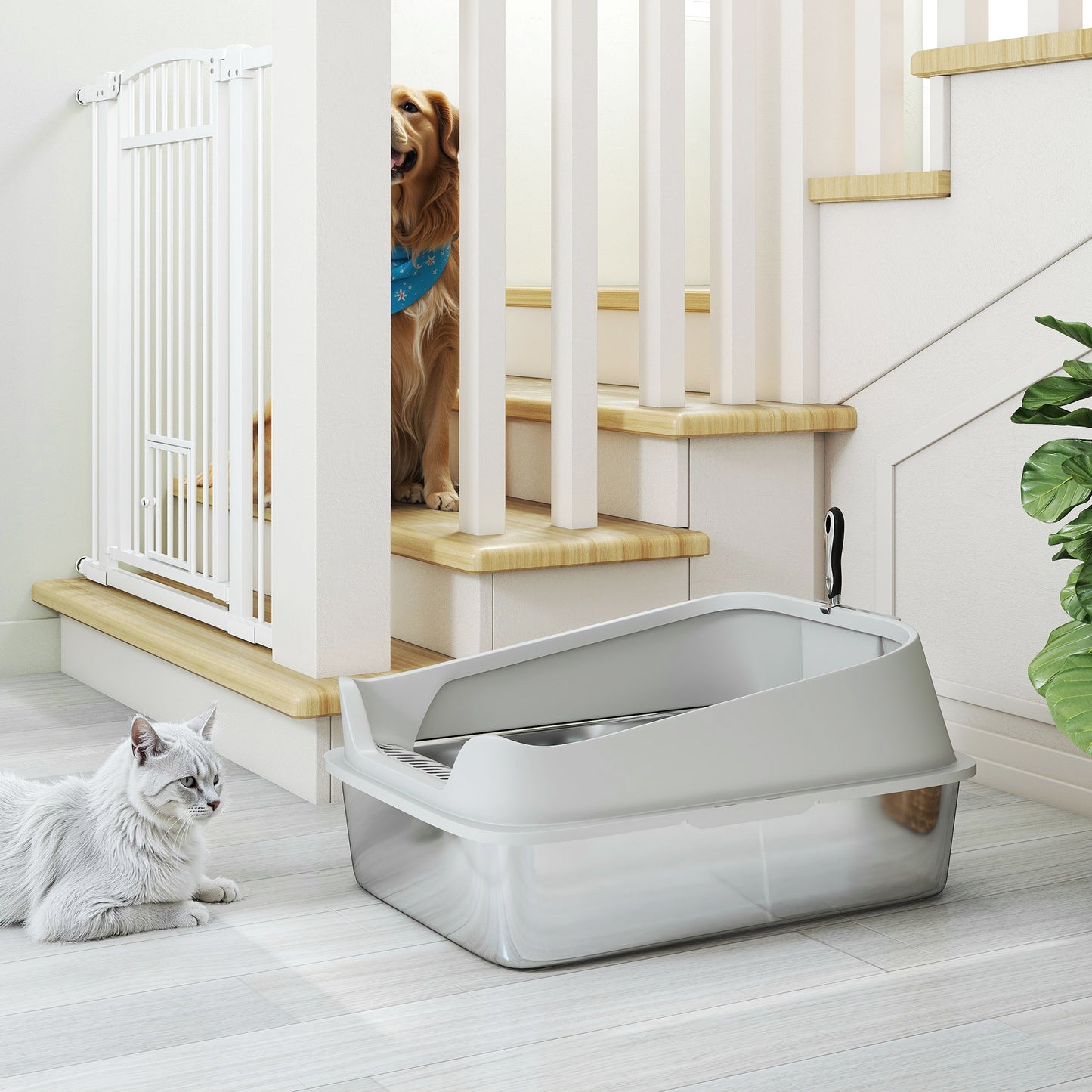 PawHut XXL Stainless Steel Cat Litter Box with High Sides, Metal Scoop, 70 x 50 x 30 cm