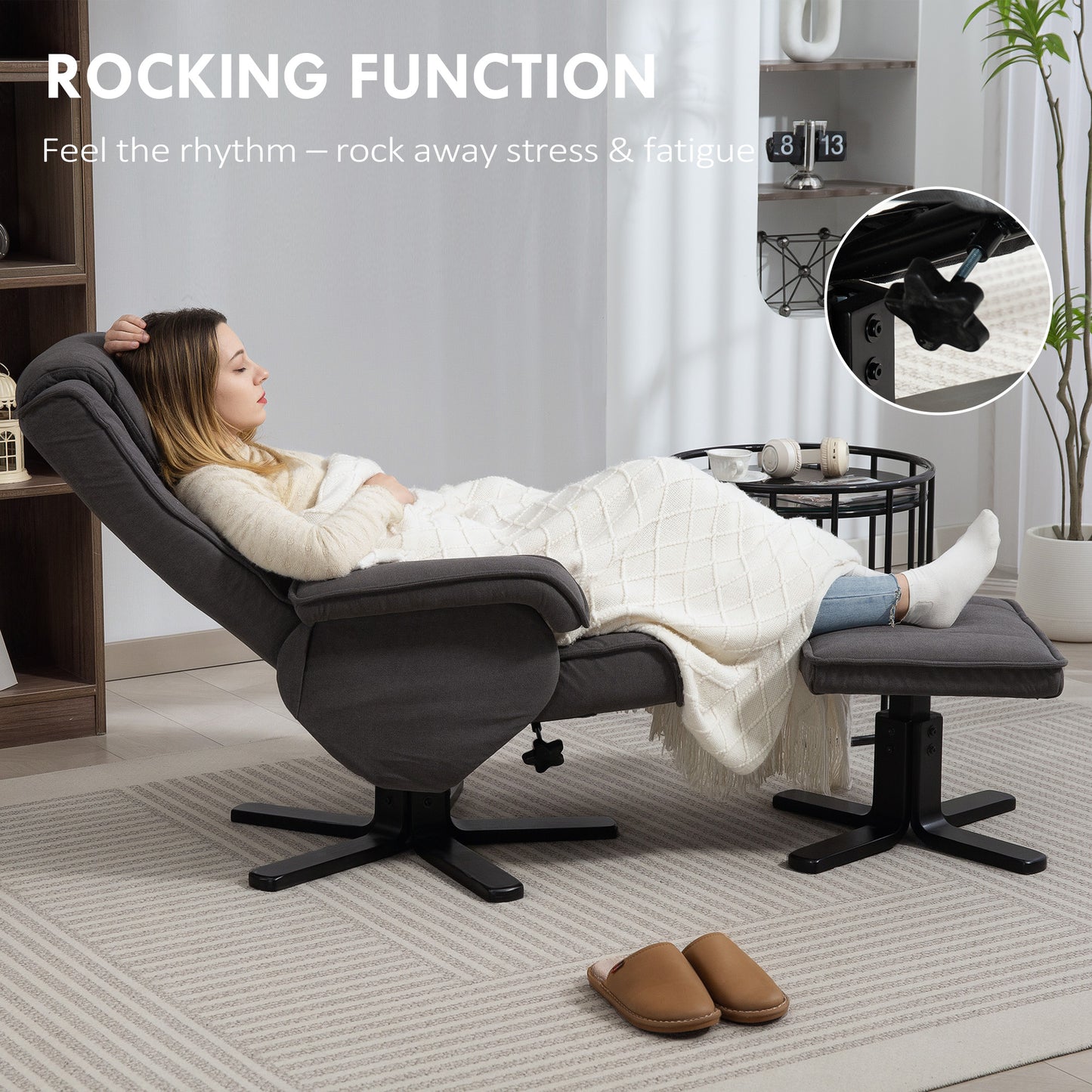 HOMCOM Swivel Recliner Chair with Footstool - Charcoal Grey Velvet