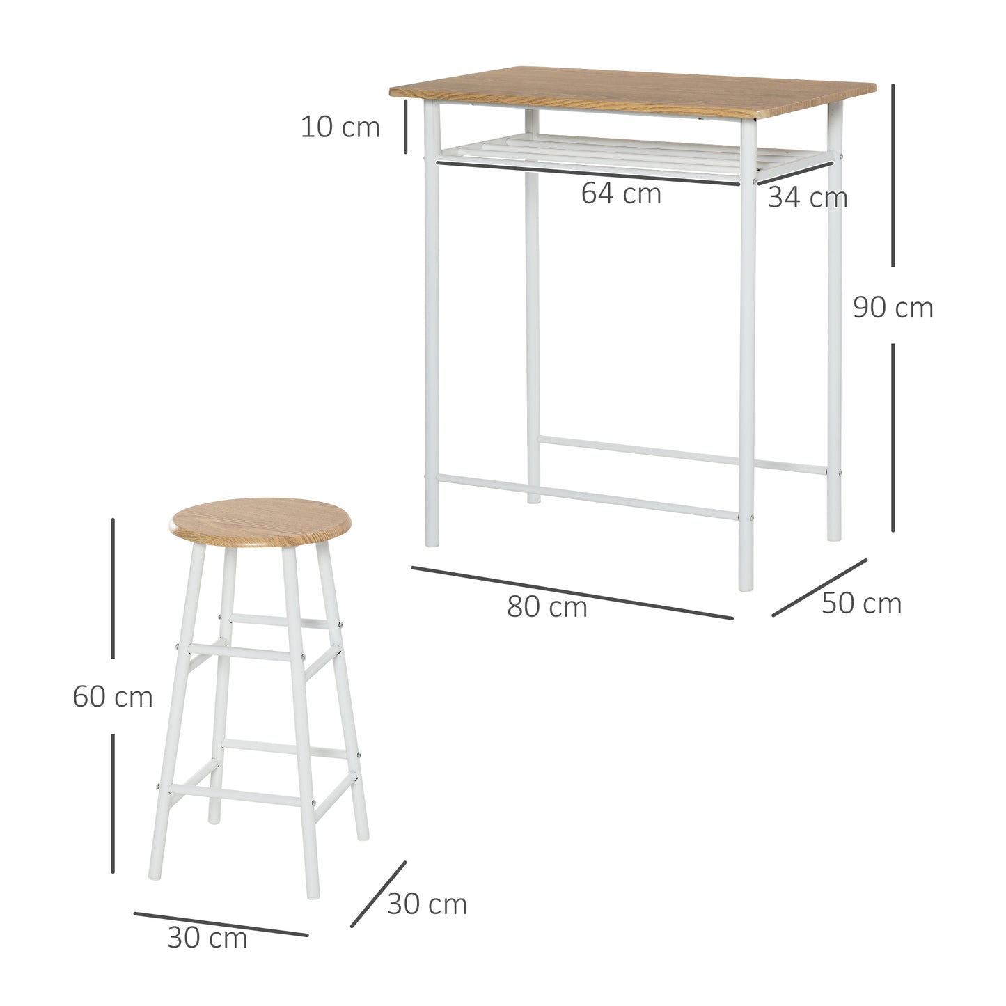 HOMCOM Bar Table Set, Bar Table and Stools Set, Footrest and Storage Shelf, for Kitchen, Dining Room, Pub, Cafe, White and Oak