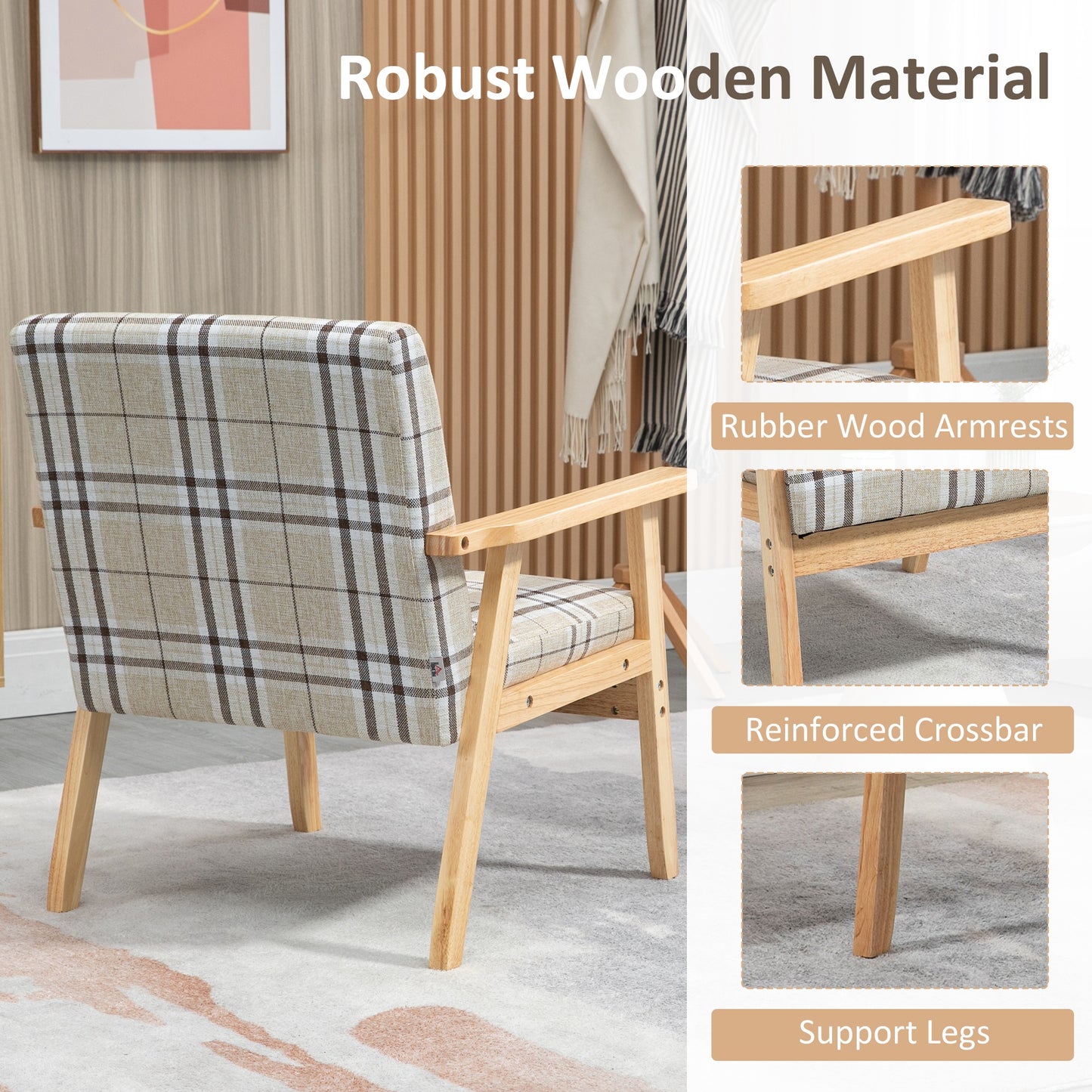 HOMCOM Modern One Seater Sofa for Living Room, Linen Fabric Small Couch with Rubber Wood Frame, Armrests, Lattice Pattern, Upholstered Armchair, Beige