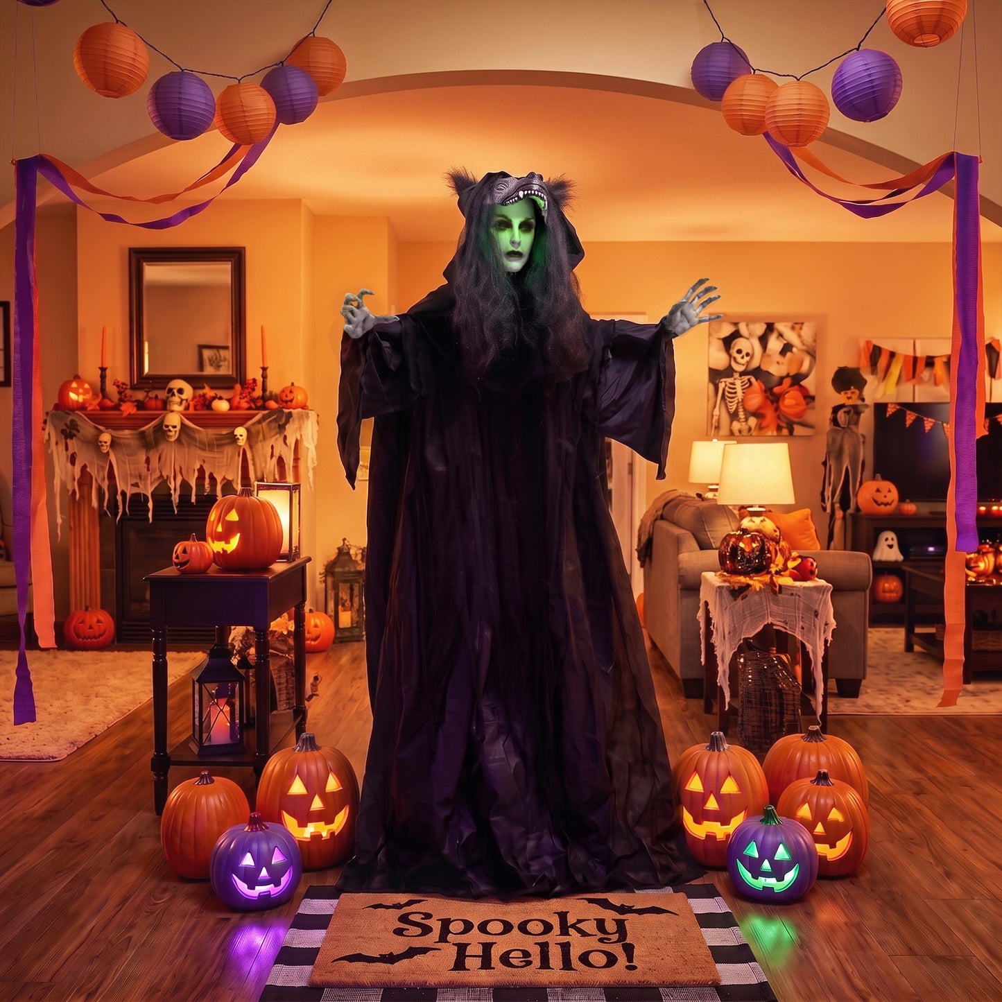 HOMCOM 67"/170cm Life Size Animated Ghost with Werewolf Mask, Halloween Decorations Outdoor Indoor, Scary Halloween Animatronic