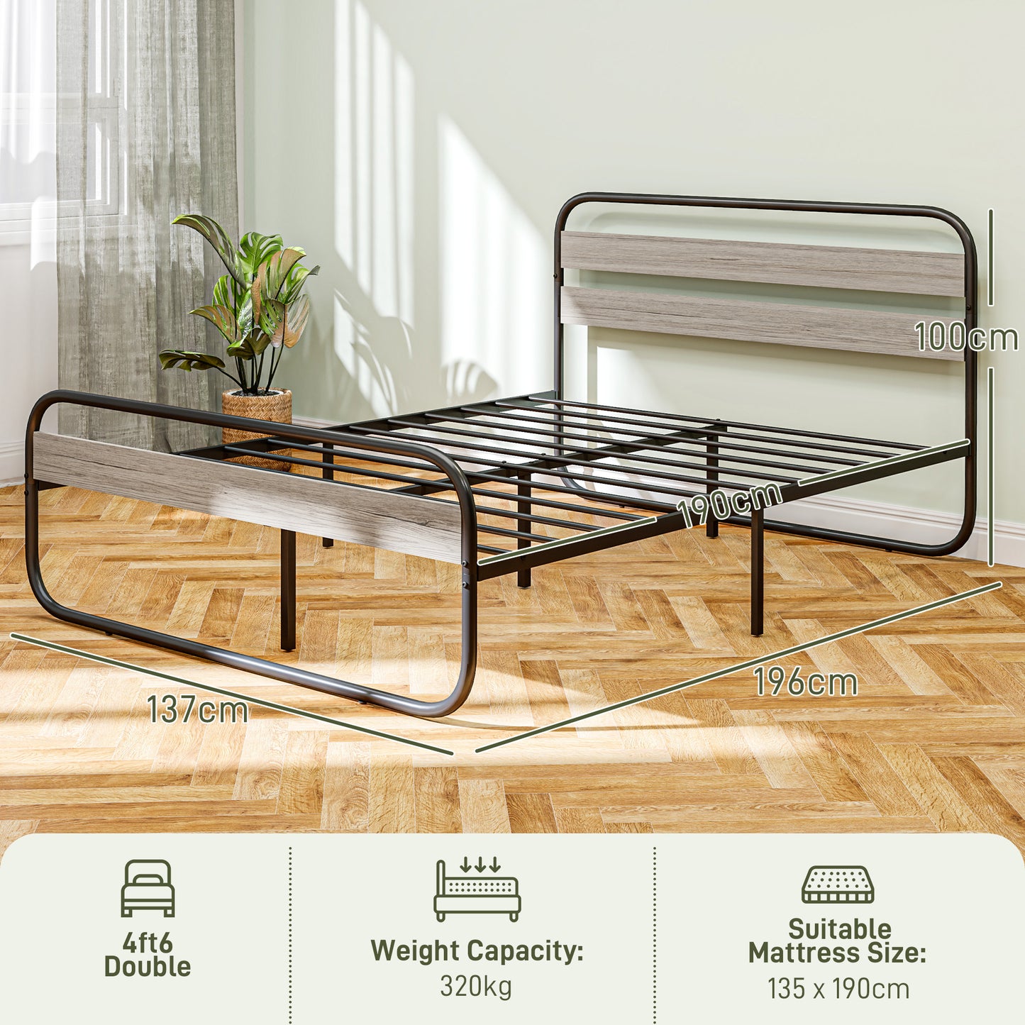 HOMCOM 4ft6 Double Bed Frame, Industrial Style Metal Platform Bed Frame with Under Bed Storage, No Box Spring Needed, Easy Assembly, Grey