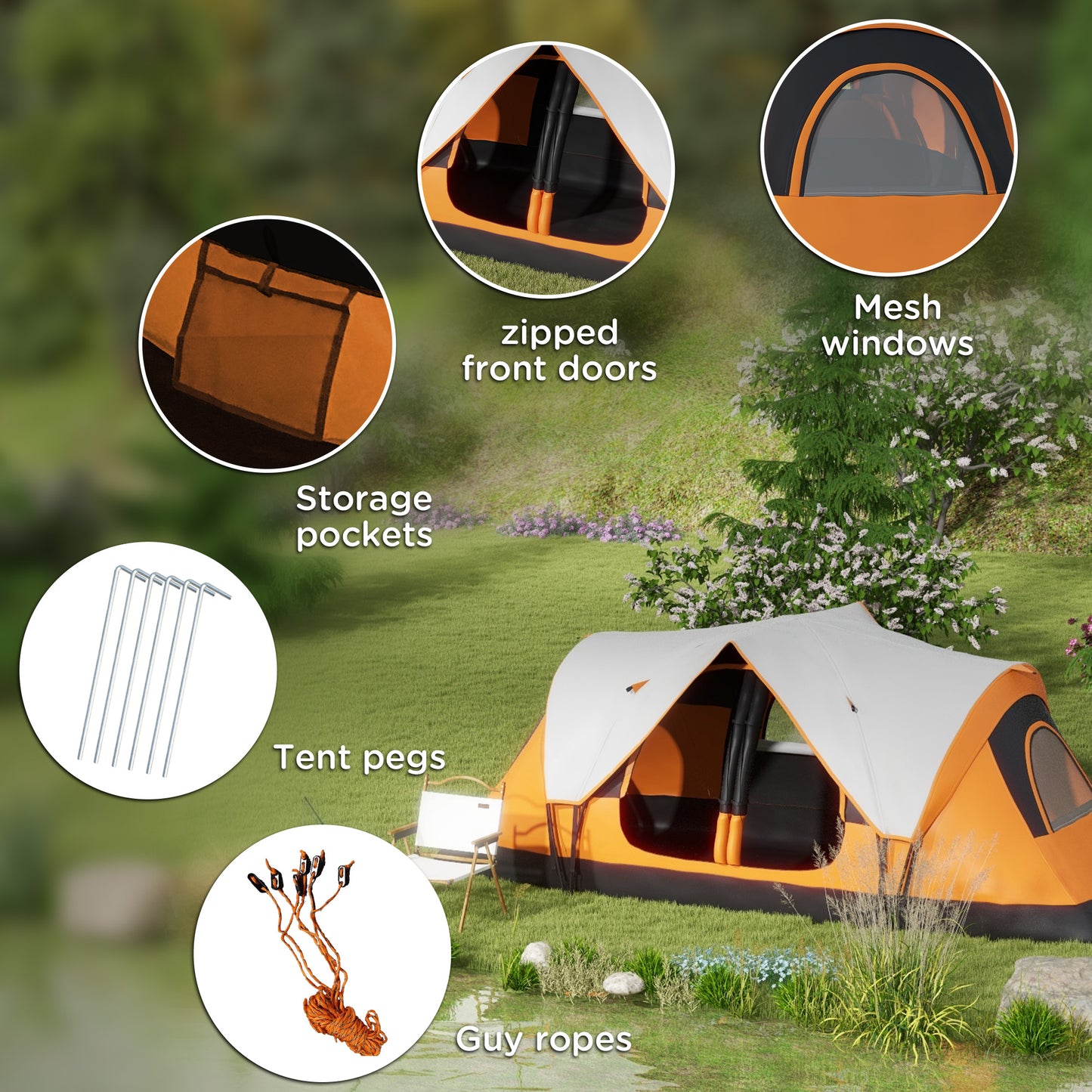Outsunny 2 Bedroom Tent Six-man Seates Family Camping for Outdoor Adventure, Orange