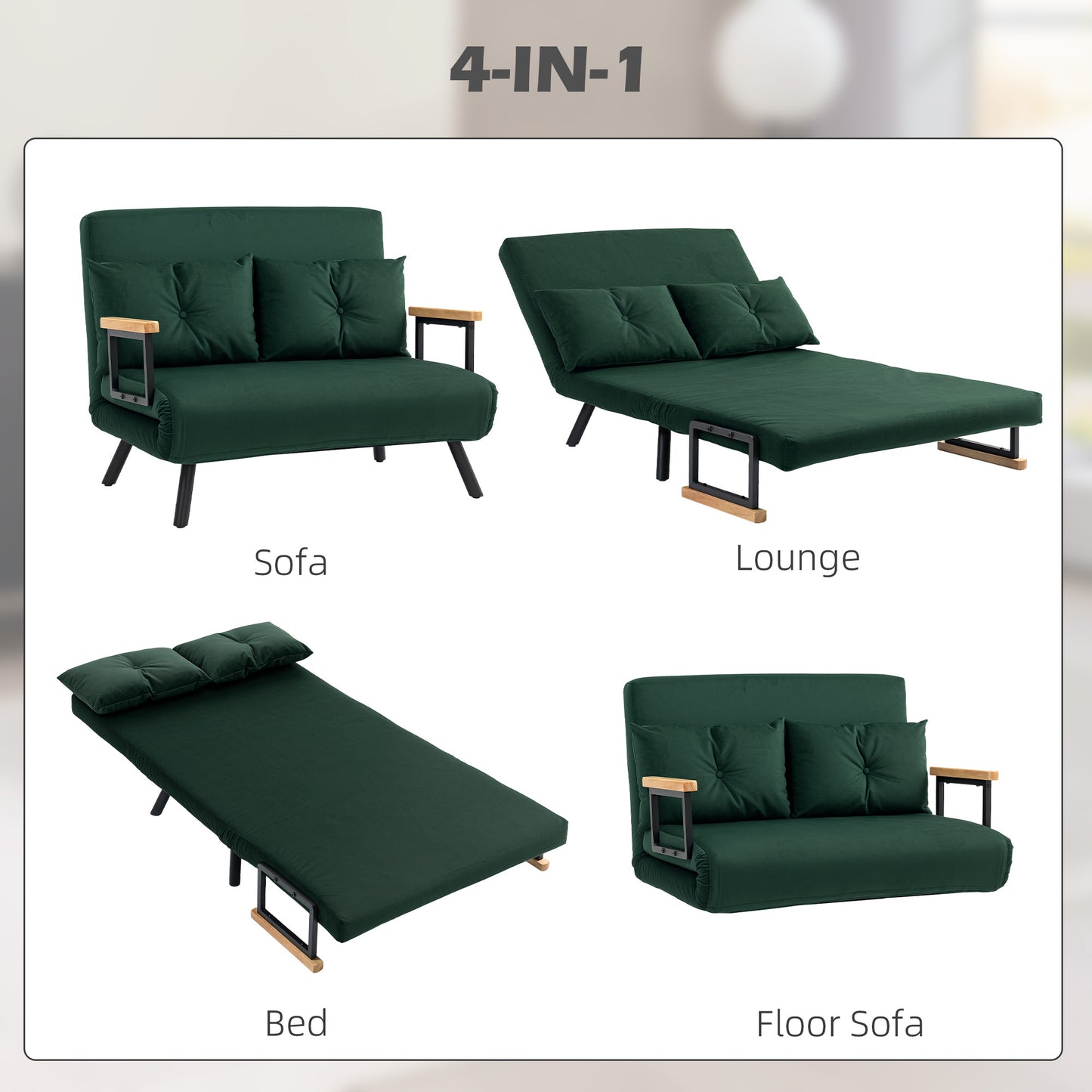 HOMCOM 4-in-1 Velvet-Feel Double Sofa Bed, with Pillows - Green