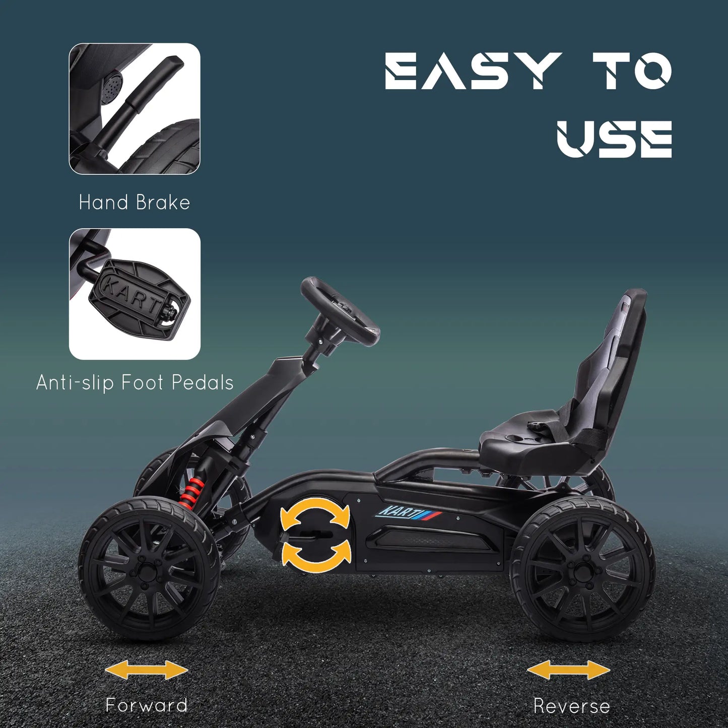 Kids Pedal Go Kart, with Adjustable Seat, EVA Wheels, Seat, Handbrake - Black