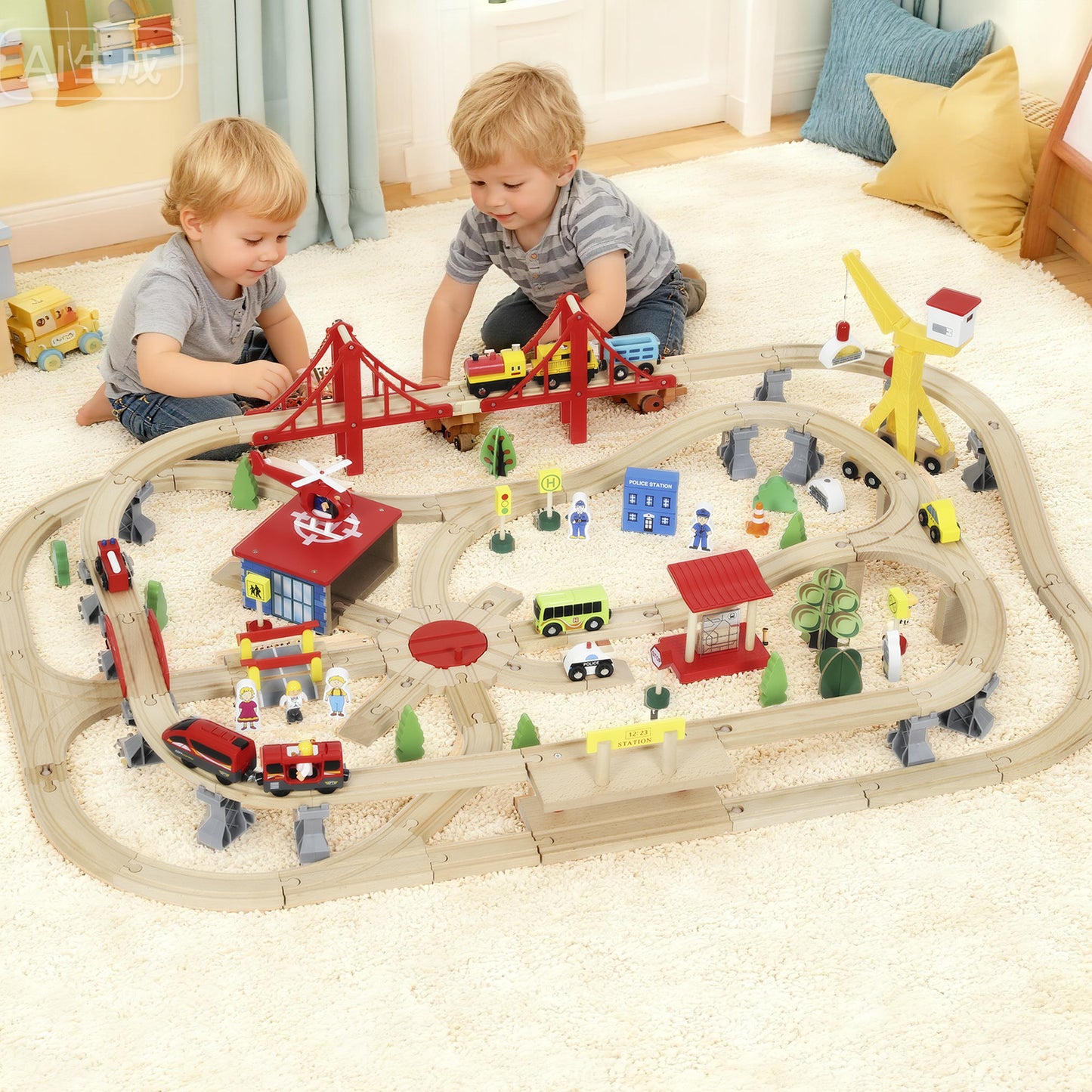 AIYAPLAY 133-Piece Wooden Train Set, Toy Train with Crane, Storage Box, for Kids Ages 3+