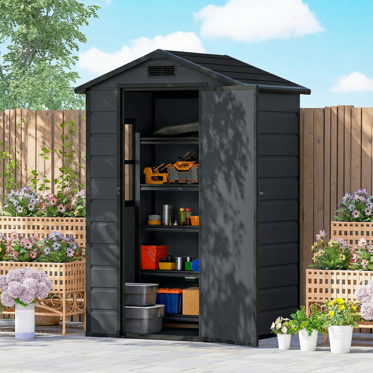 Outsunny 4 x 3 ft Plastic Garden Shed with Floor, Outdoor Storage Shed with Lockable Door, Window and Vent, Dark Grey