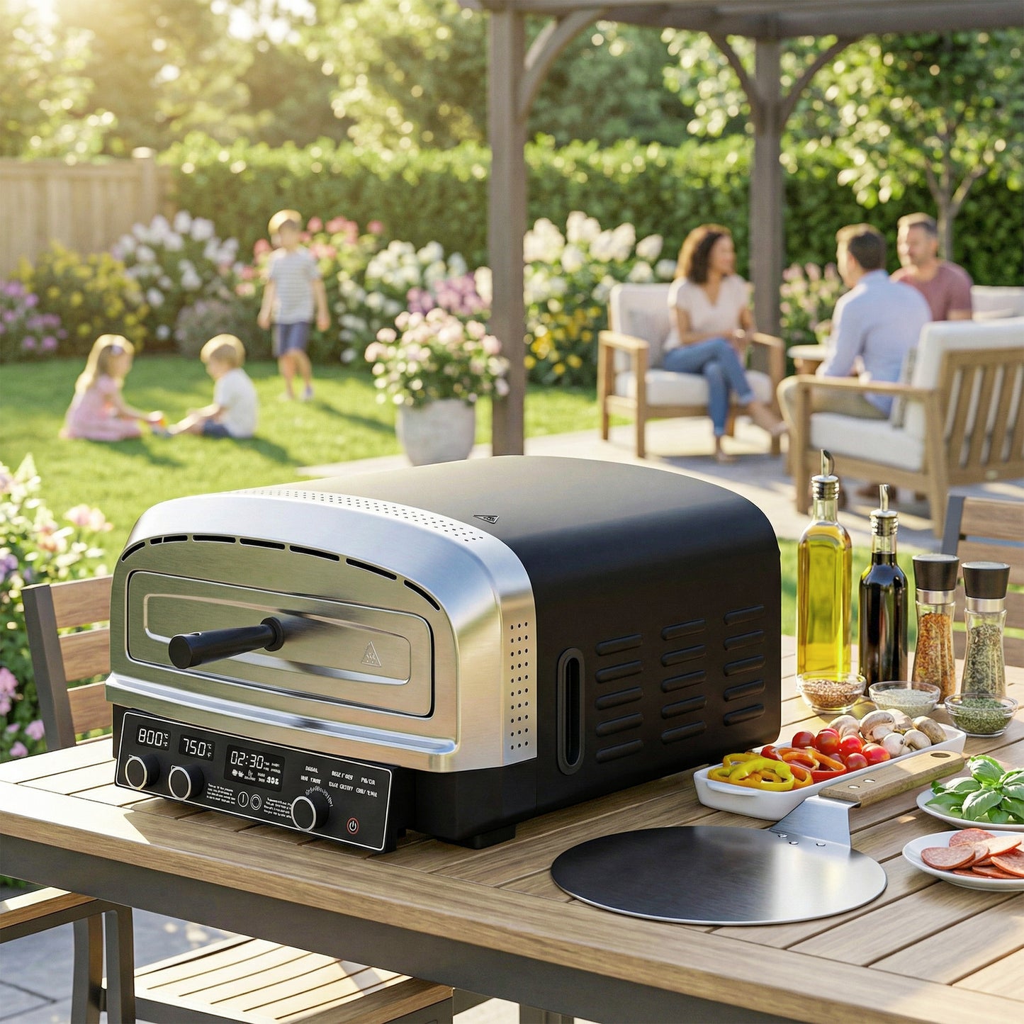 Outsunny Outdoor Pizza Oven Dual Heat Control 6 Presets Electric Pizza Maker with 37 cm Stone and Peel