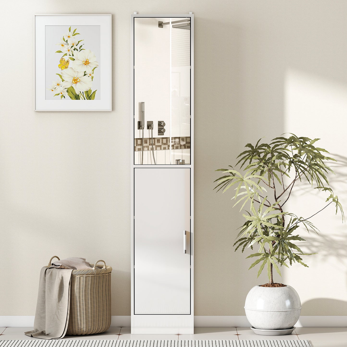 kleankin Tall Bathroom Cabinet with Mirror and Adjustable Shelf - High Gloss White