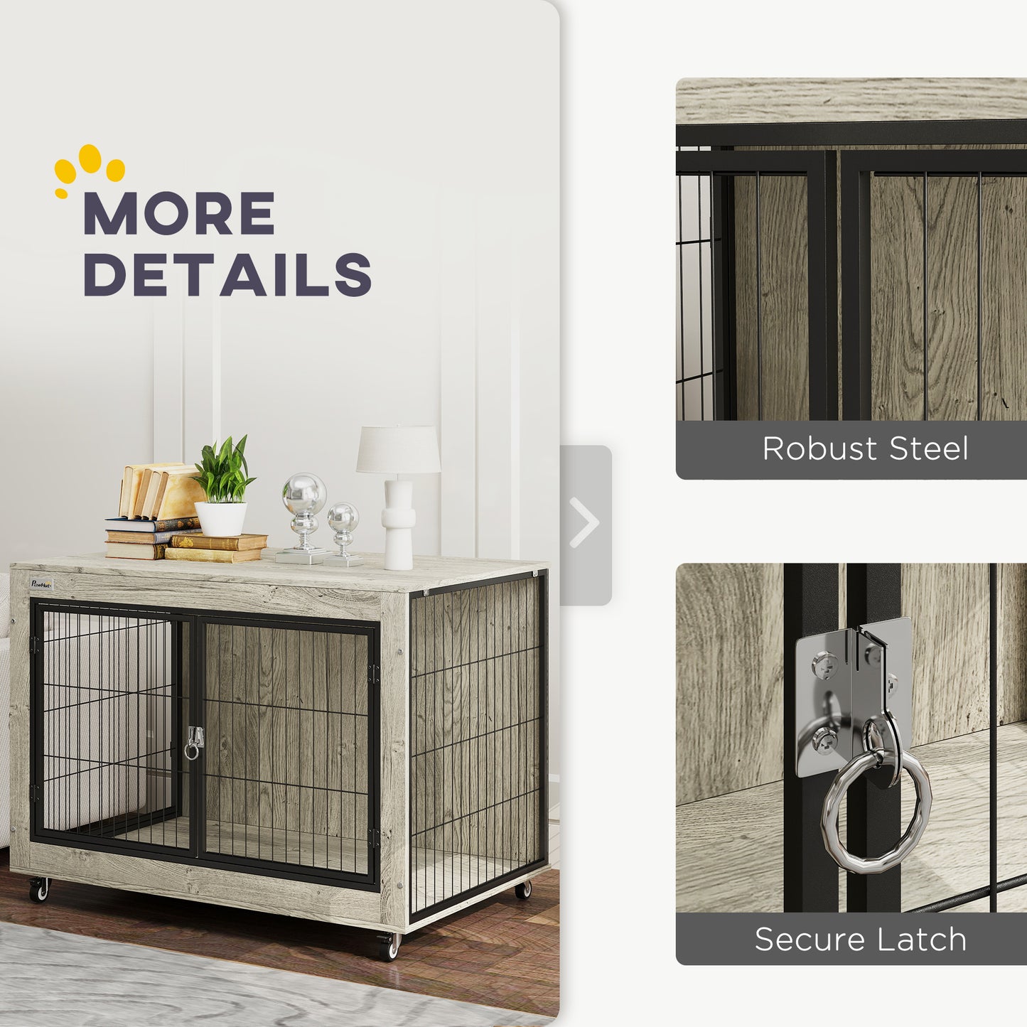 PawHut Dog Crate Furniture with Wheels, Double Doors, for Large Dogs, Grey