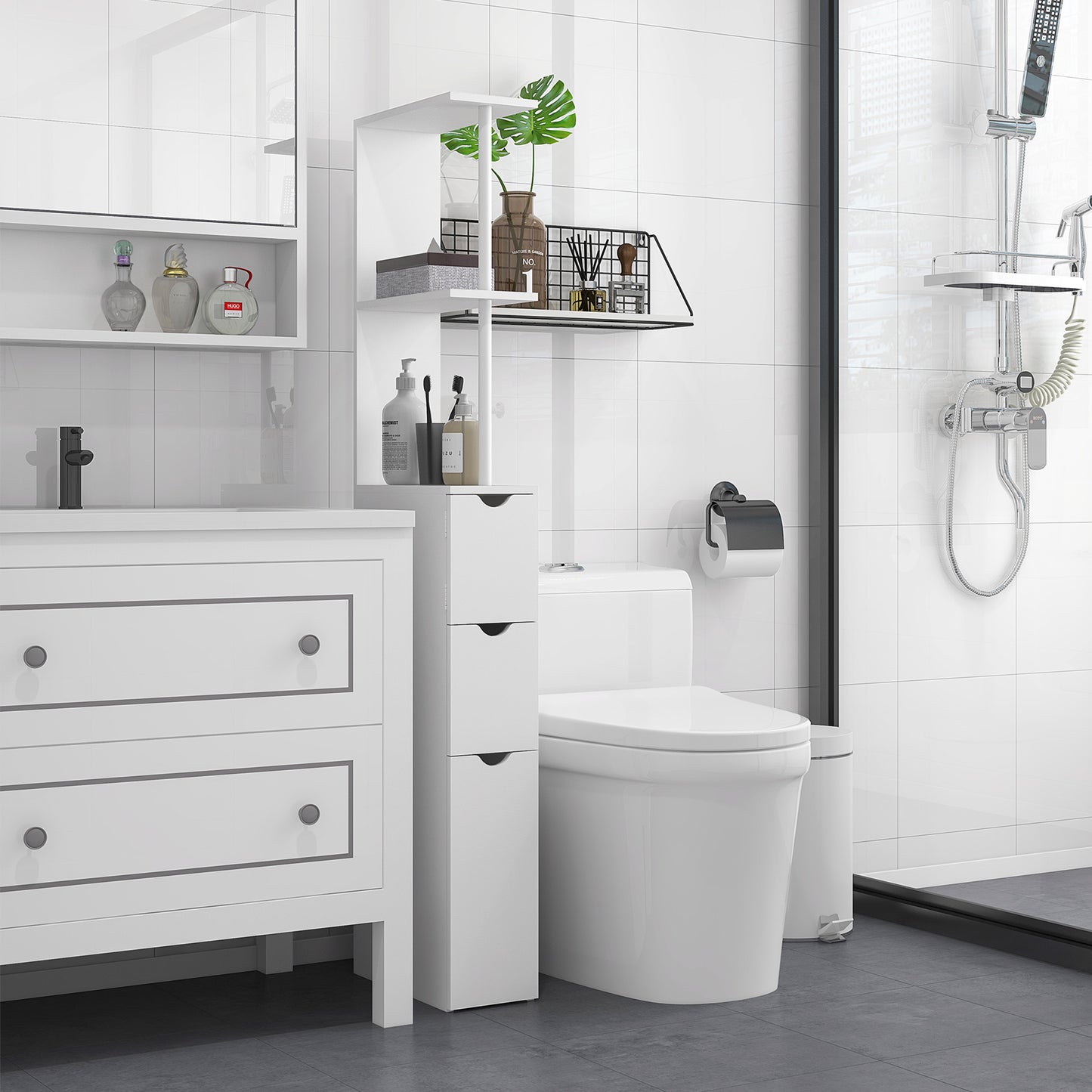 HOMCOM Slim Bathroom Storage Cabinet with Drawers, Tall Bathroom Cupboard with 2-Tier Shelf, White