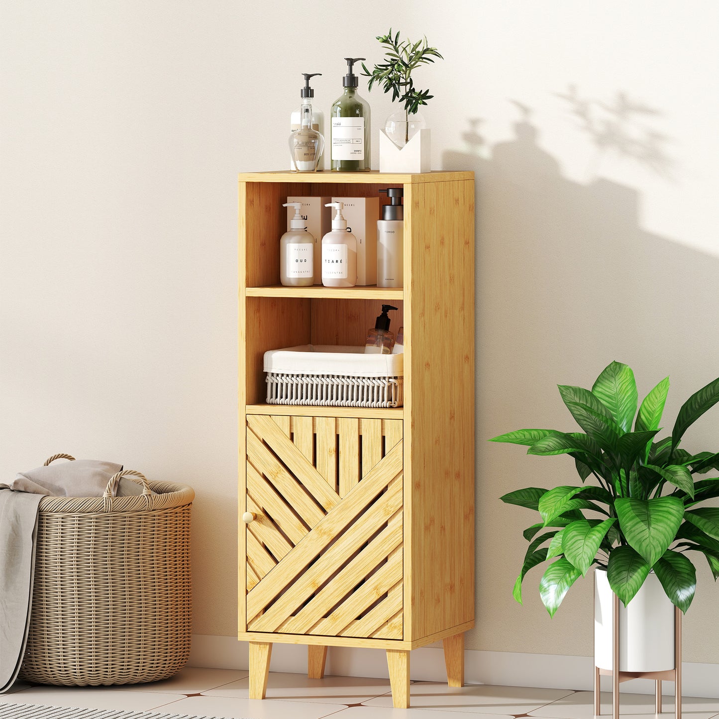 HOMCOM Slim Bathroom Cabinet with Bamboo Door and Legs, Narrow Bathroom Storage Cabinet, Freestanding Storage Cupboard with Open Compartments, 32 x 30 x 90 cm, Natural Wood Finish