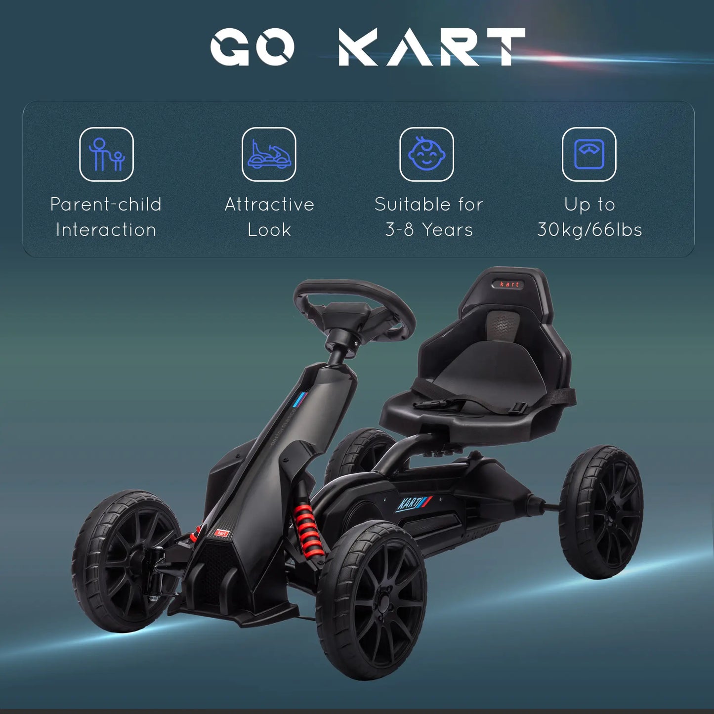 Kids Pedal Go Kart, with Adjustable Seat, EVA Wheels, Seat, Handbrake - Black