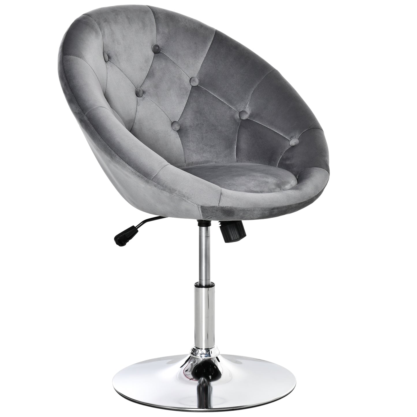 HOMCOM Swivel Dressing Stool, Velvet-feel Upholstered Vanity Chair, Adjustable Height Tub Makeup Chair with Button Tufting and Thick Padding for Bedroom, Grey