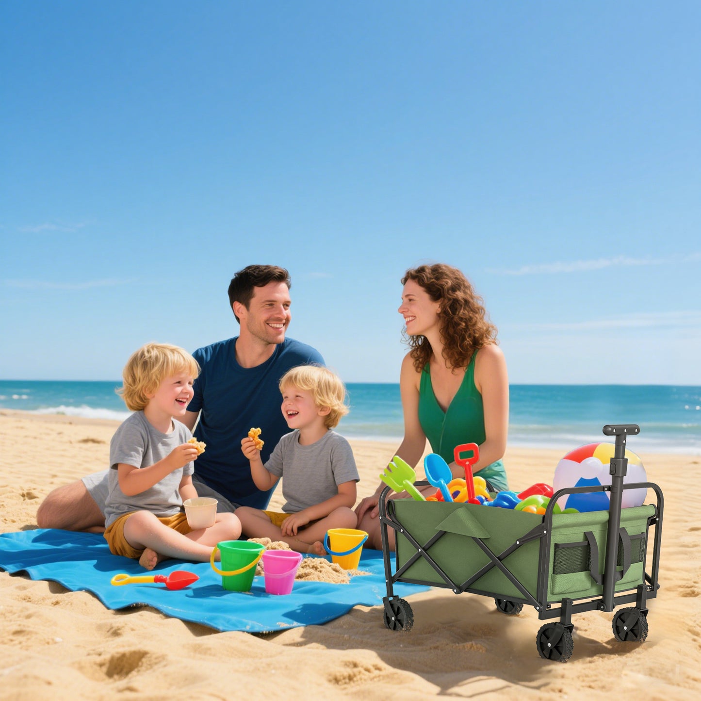 Outsunny 93L Festival Trolley on Wheels, Garden Folding Trolley Cart, 120kg Heavy Duty Collapsible Folding Wagon with Adjustable Handle and Carrying Bag for Beach, Camping, Festival, Green
