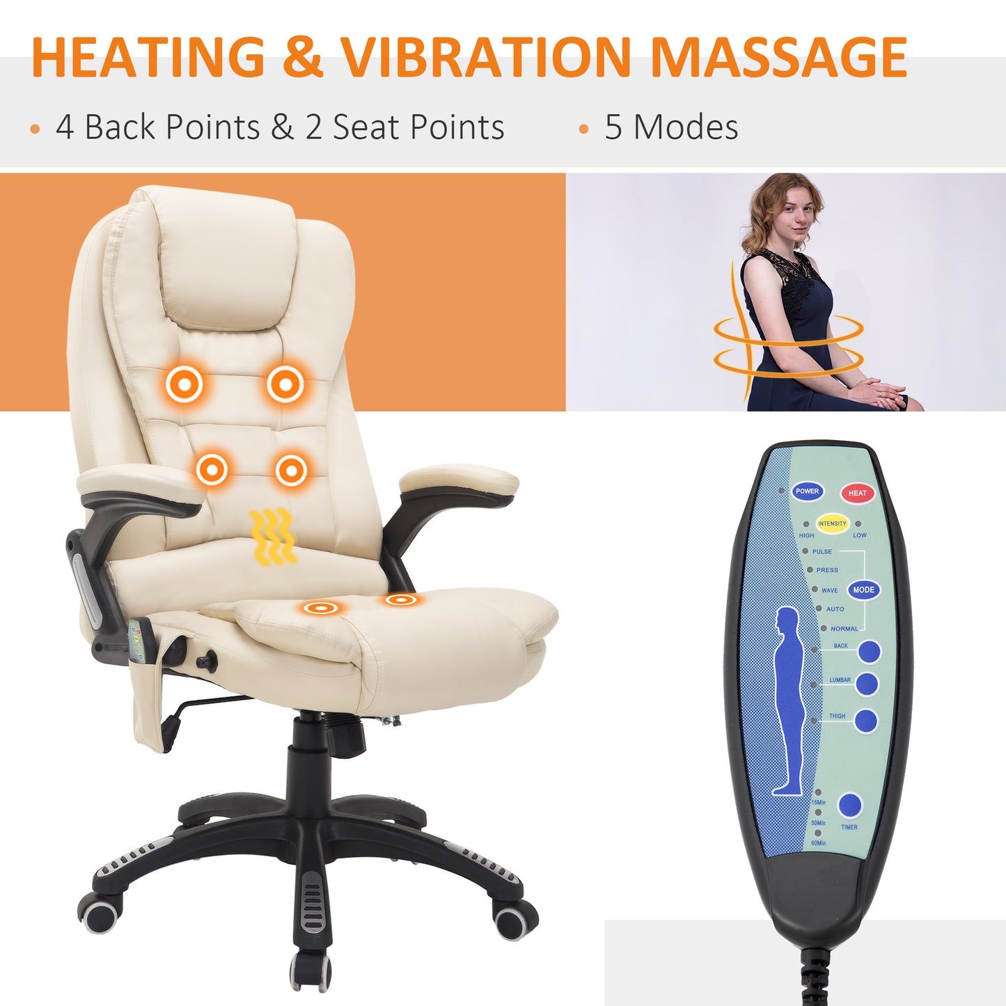HOMCOM 6-Point Massage Office Chair with Seat Heated for Home Office, PU Leather High Back Executive Desk Chair with Adjustable Height and 360° Swivel for Work Study, Beige