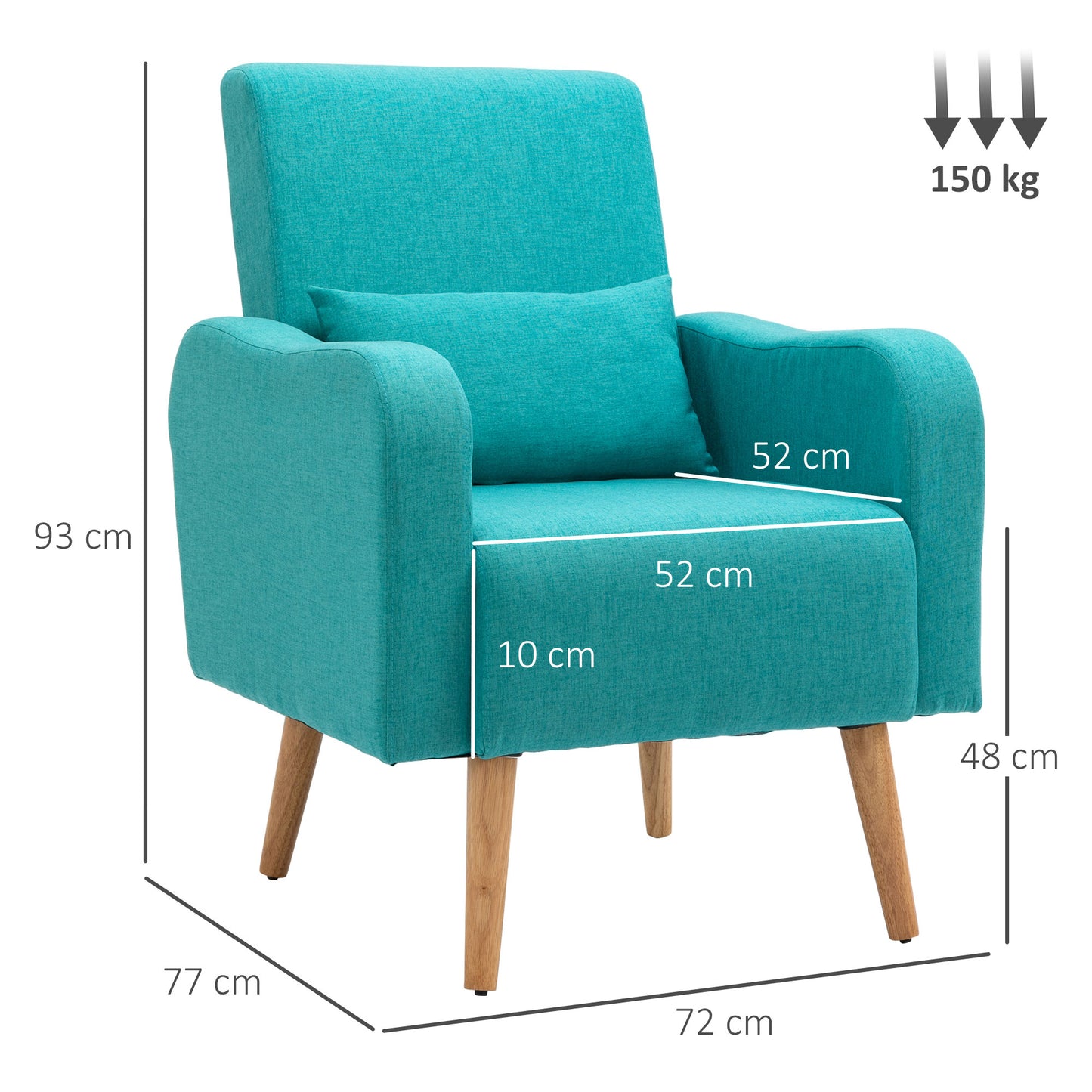 HOMCOM Accent Chair, Linen-Touch Armchair with Pillow, Upholstered Leisure Lounge Sofa for Living Room, Club Chair with Rubber Wooden Frame, Teal
