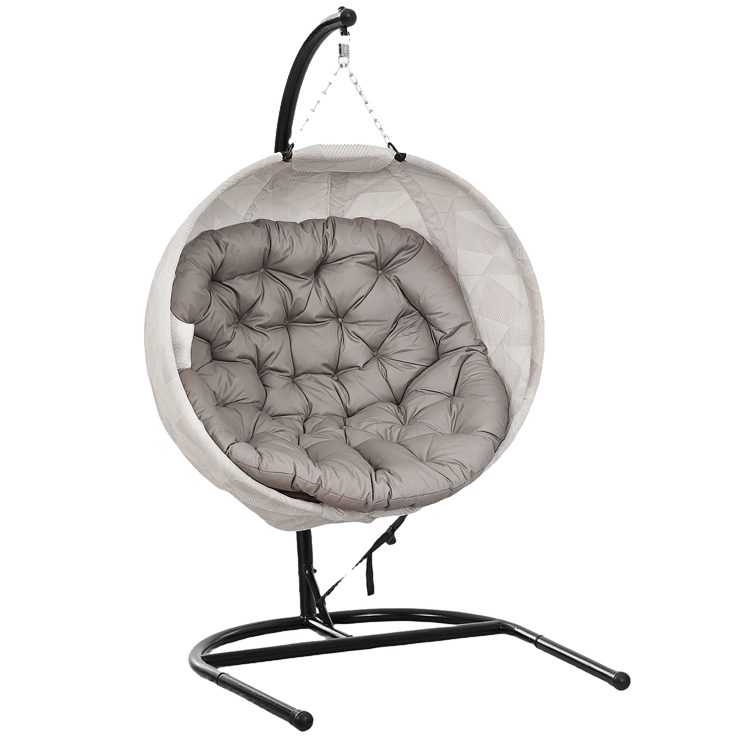 Outsunny Hanging Egg Chair Outdoor Indoor Garden Swing Chair with Folding Basket, Garden Hanging Chair with Stand, Thickened Cushion, Cup Holder for Patio, Balcony, Sand Brown