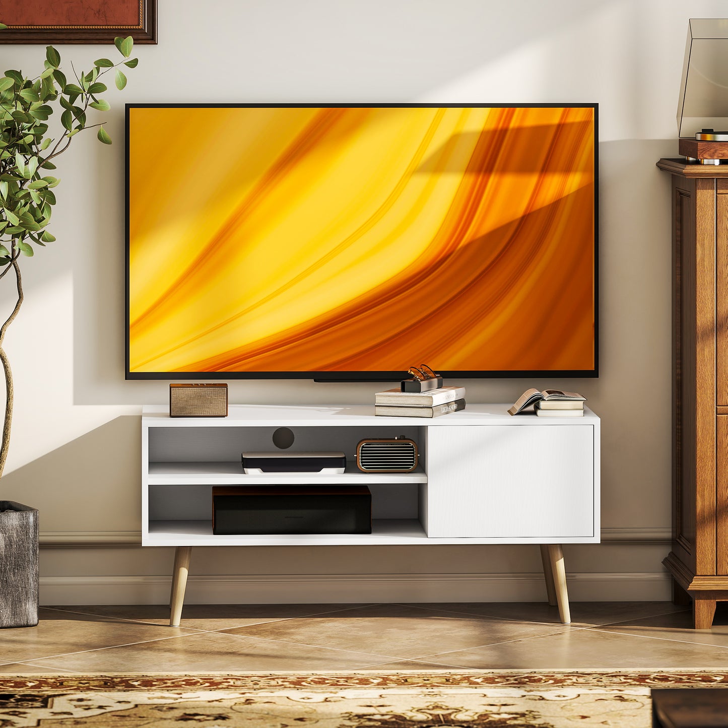 HOMCOM TV Stand up to 55 Inches, TV Unit with Open Shelves and Cable Holes - White