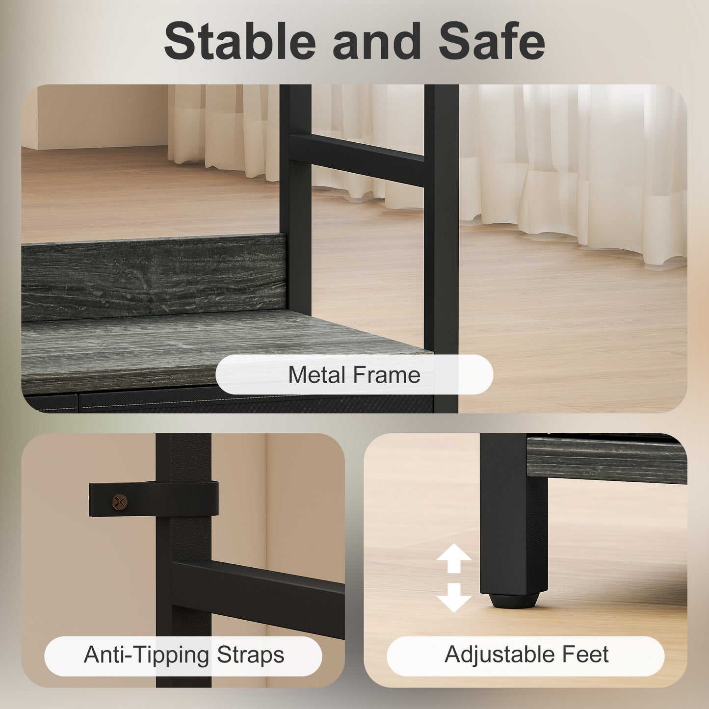 HOMCOM Industrial Style Bookcase, with 4 Shelves and 3 Fabric Drawers - Grey/Black