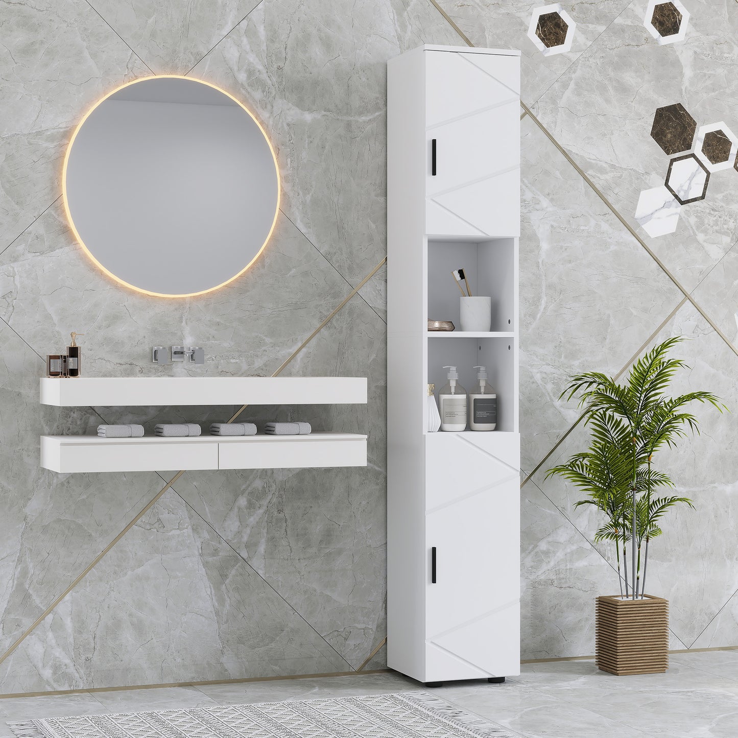 kleankin Line Embossed Tall Bathroom Storage Cabinet - White