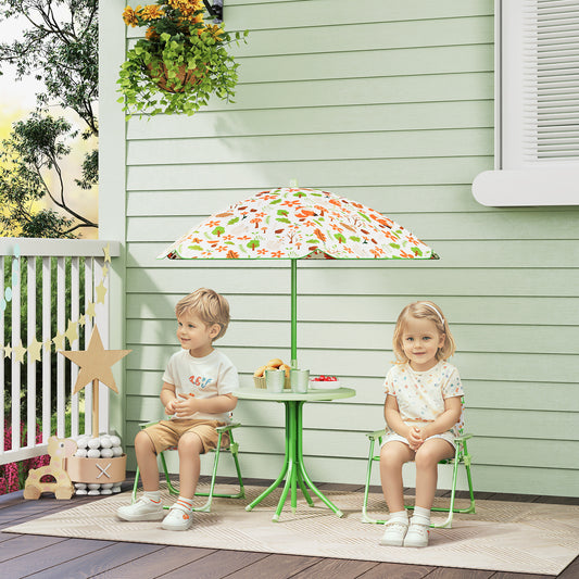 AIYAPLAY 4-Piece Kids Garden Table and Chair Set with Adjustable Parasol, Folding Chairs, Table, Nature Pattern, Green