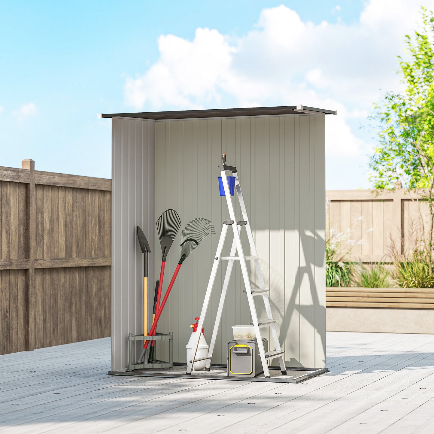 Outsunny 5x3 Garden Shed with Sloped Roof, Lockable Door for Tools and Equipment Storage, Light Grey