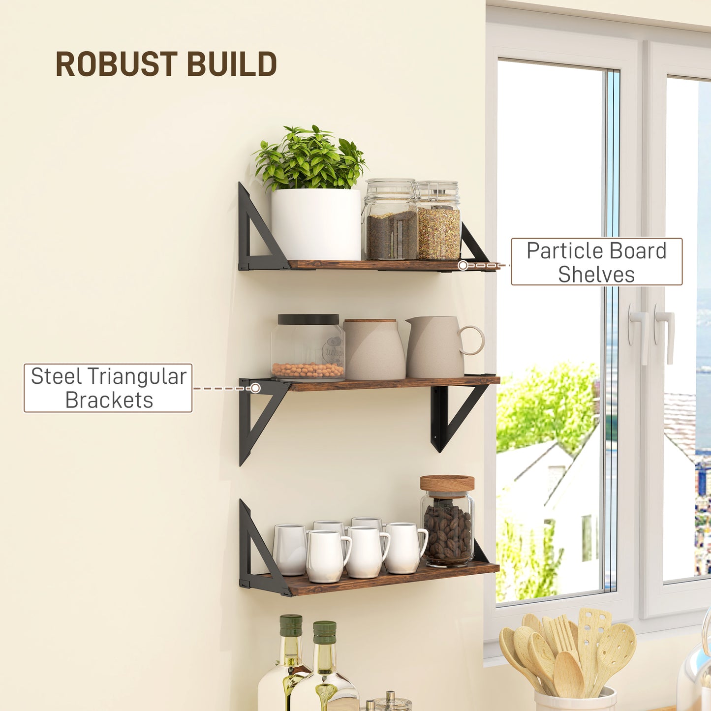 HOMCOM Set of 3 Wall Shelves, 43cm Vintage Wall Mounted Floating Shelves for Living Room, Entryway, Bedroom, Rustic Brown