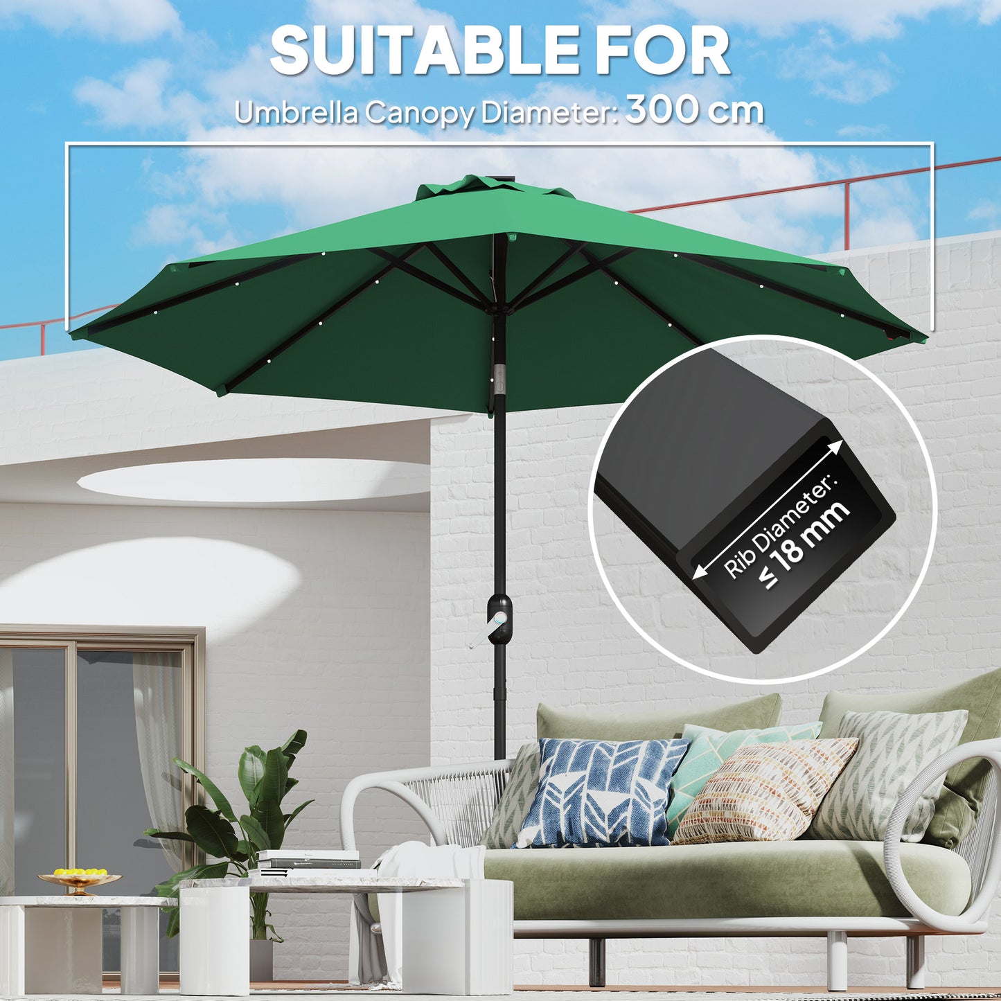 Outsunny 3 m Replacement Parasol Canopy with Top Vent, UPF 50+ Garden Parasol Replacement Canopy, 8 Rib Parasol Cover Replacement Fits Various Frames, Green