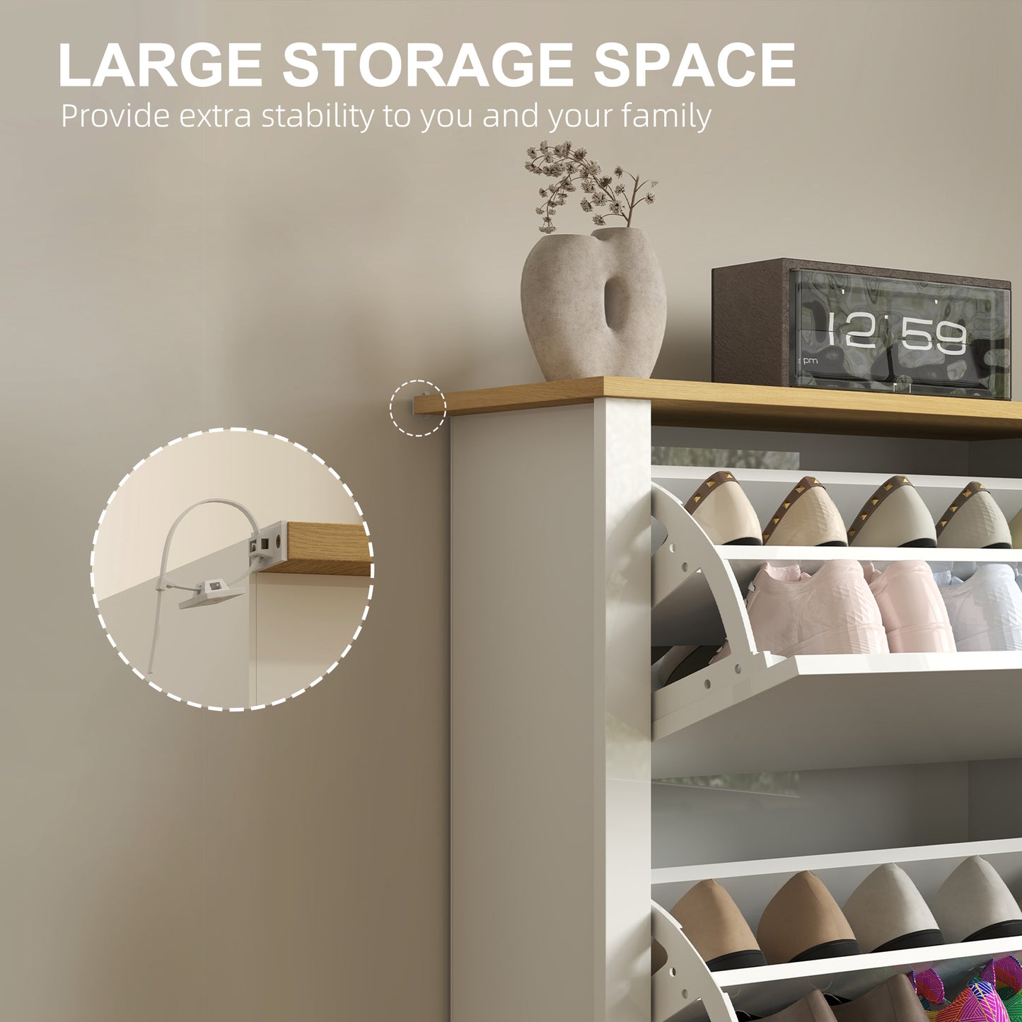 HOMCOM Slim Shoe Cabinet, Narrow Shoe Cupboard with 3 Flip Drawers, Adjustable Shelves for 18 Pairs of Shoes, High Gloss White