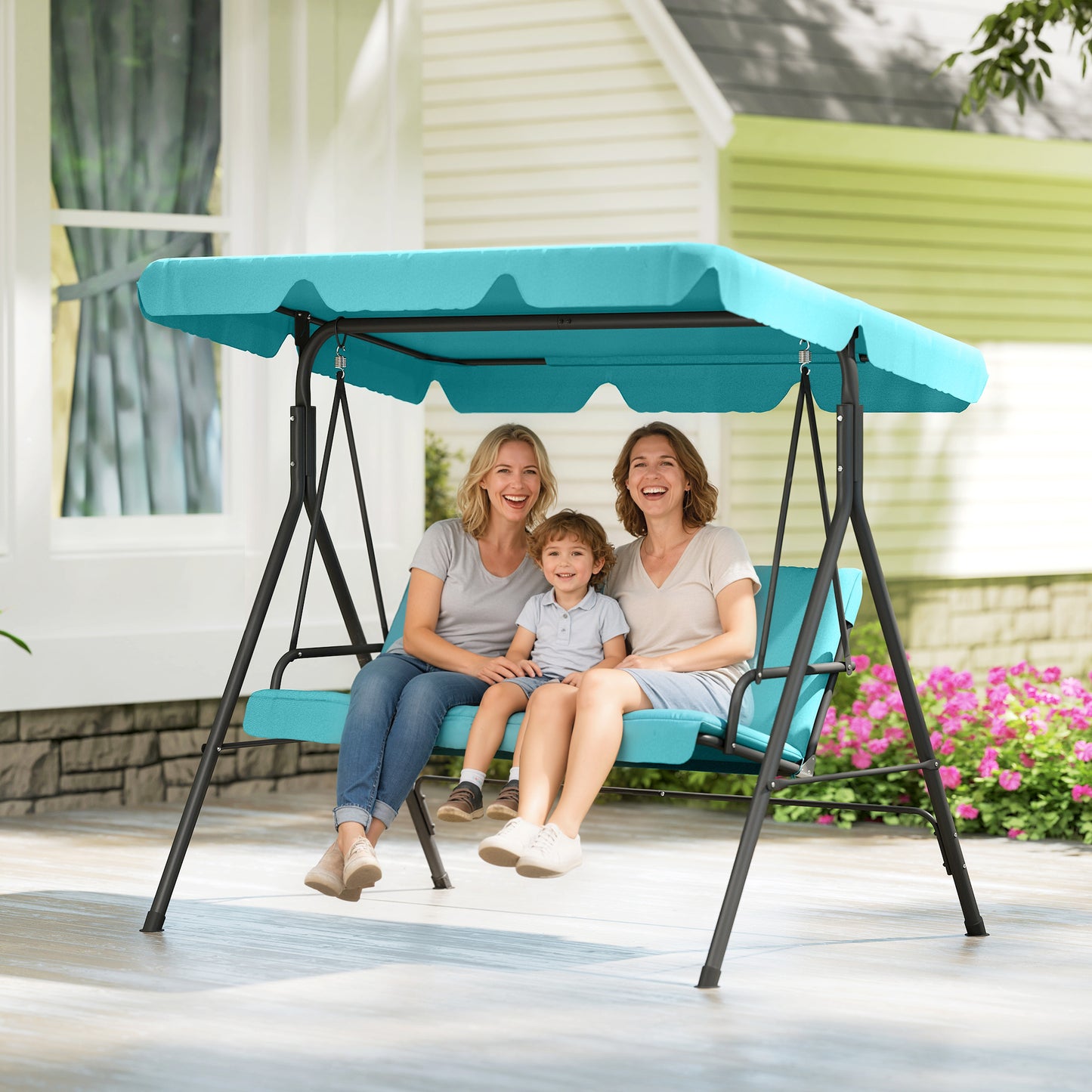 Outsunny Three-Seater Garden Swing Chair, with Adjustable Canopy - Blue