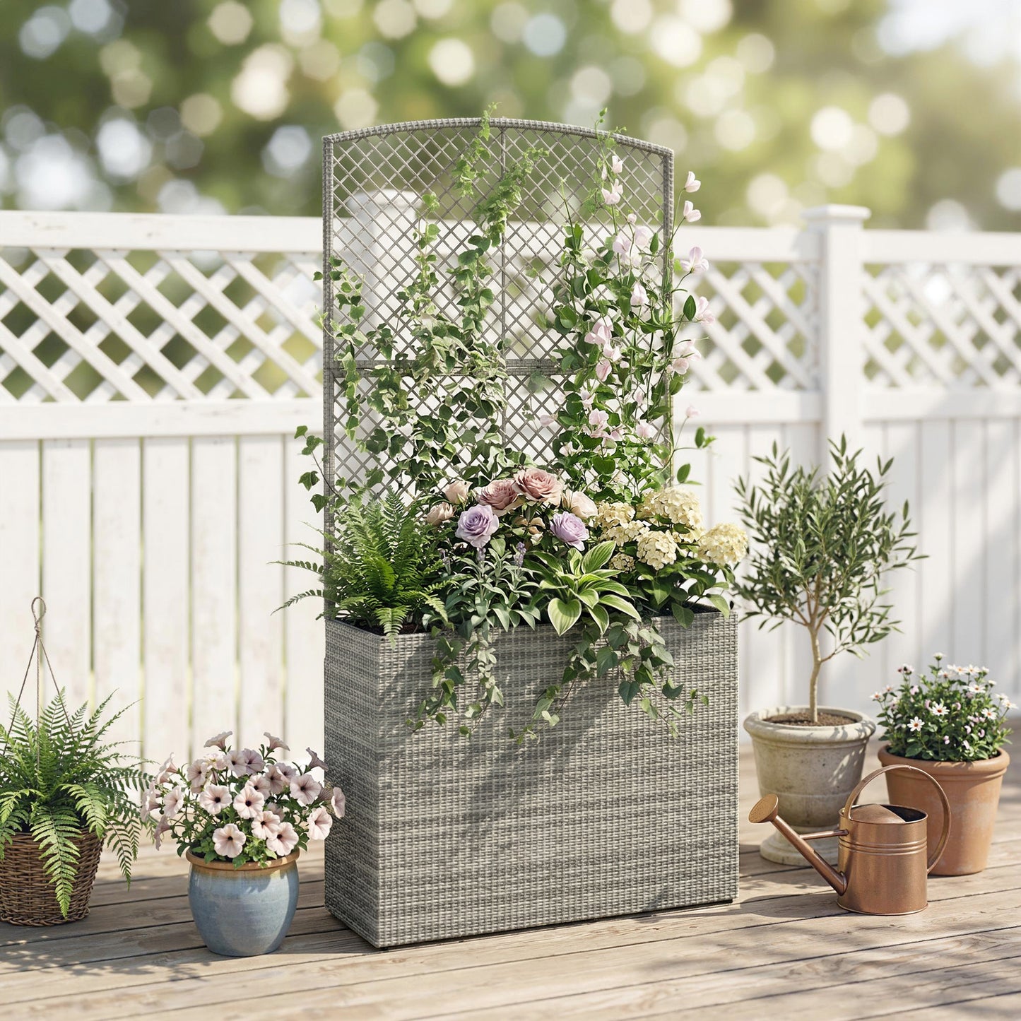Outsunny Rattan Planter with Trellis, Raised Beds for Garden with Liner for Climbing Plants Vegetables Flowers, Dark Grey