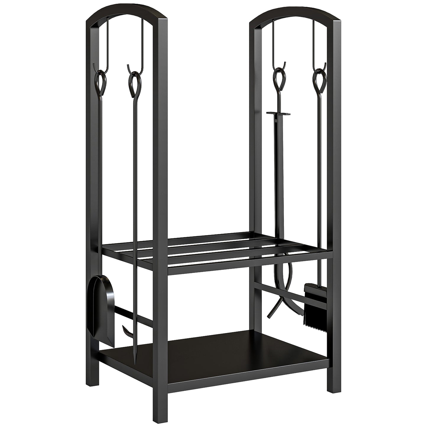 Outsunny Metal Firewood Log Holder 2 Layer Firewood Rack Indoor Outdoor Fireplace Wood Storage Shelf with 4 Tools and Hooks, Black, 40L x 30W x 74.5H cm
