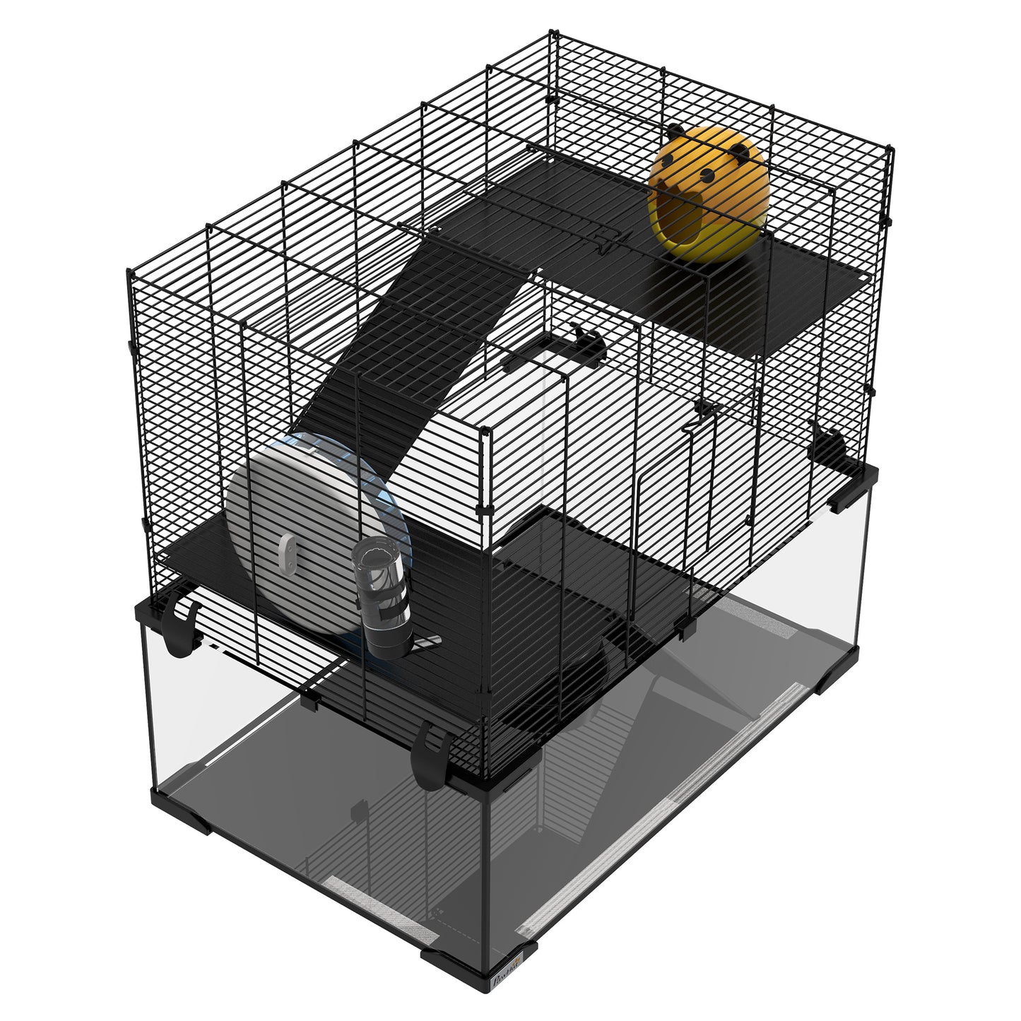 PawHut 3 Tiers Hamster Cage, Gerbil Cage with Deep Glass Bottom, Non-Slip Ramps, Platforms, Hut, Exercise Wheels, Water Bottle, Dish, for Syrian Hamster, Dwarf Hamster, 60 x 40 x 54.5cm