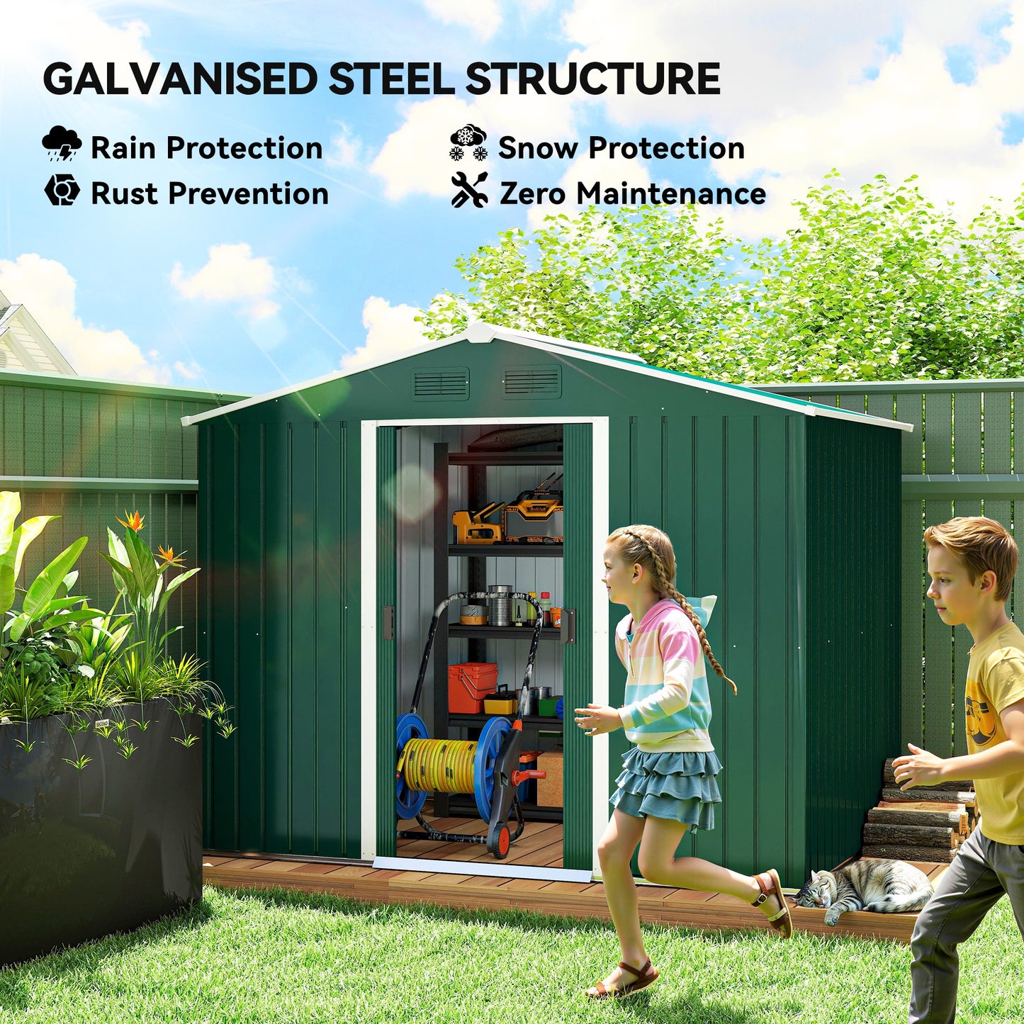 Outsunny Large Garden Storage Shed, 7.7 x 5.7 with Ventilation Slots and Sliding Doors for Gardeners, Green