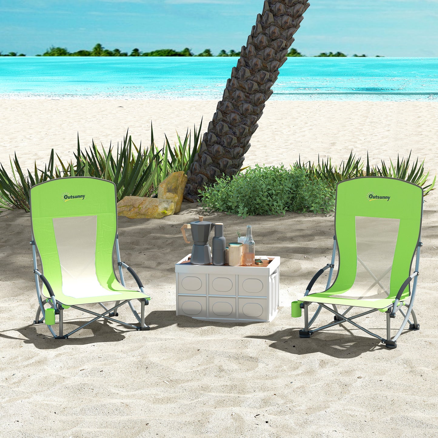 Outsunny Set of 2 Folding Beach Chair, Low Camping Chair with Mesh Back, Carry Bag and Cup Holder for Garden Outdoor Picnic Festival Travel, Green
