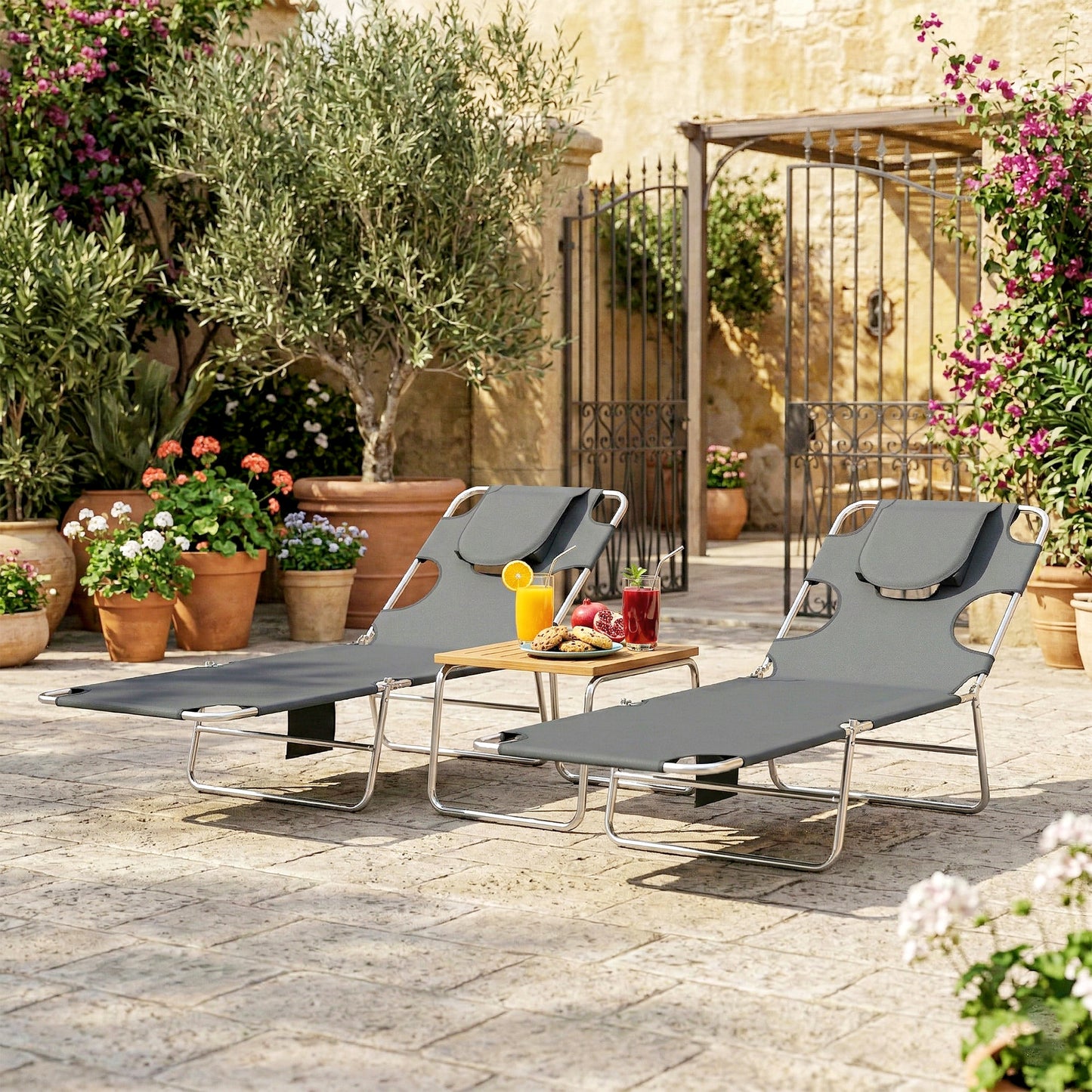 Outsunny 5-Position Adjustable Sun Loungers Set of 2 with Reading Hole and Side Pocket, Dark Grey