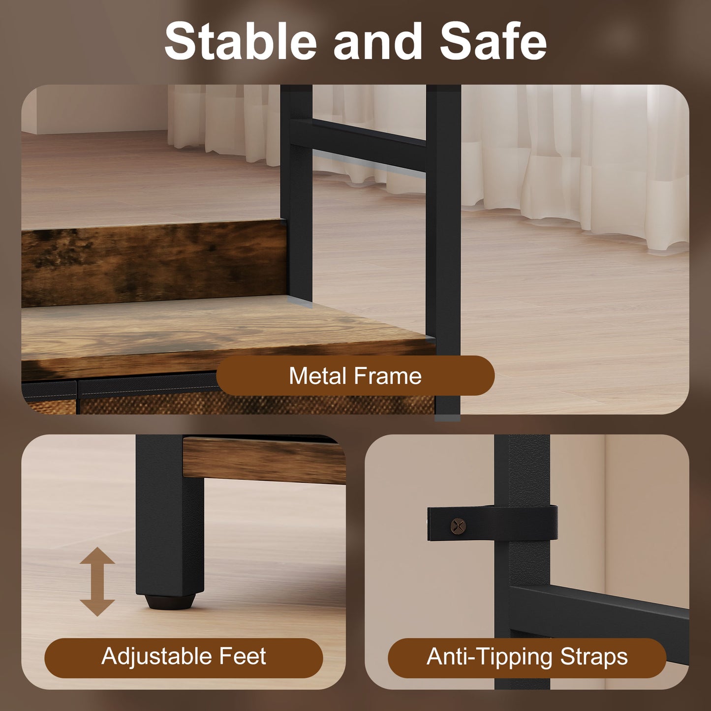 HOMCOM Industrial Style Bookcase, with 4 Shelves and 3 Fabric Drawers - Brown/Black