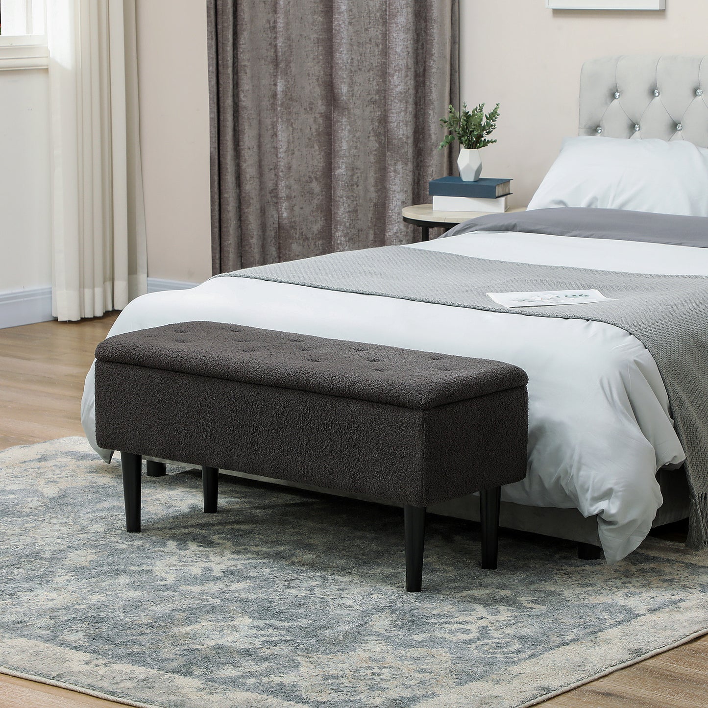 HOMCOM 57L Teddy Fleece Storage Ottoman - Dark Grey