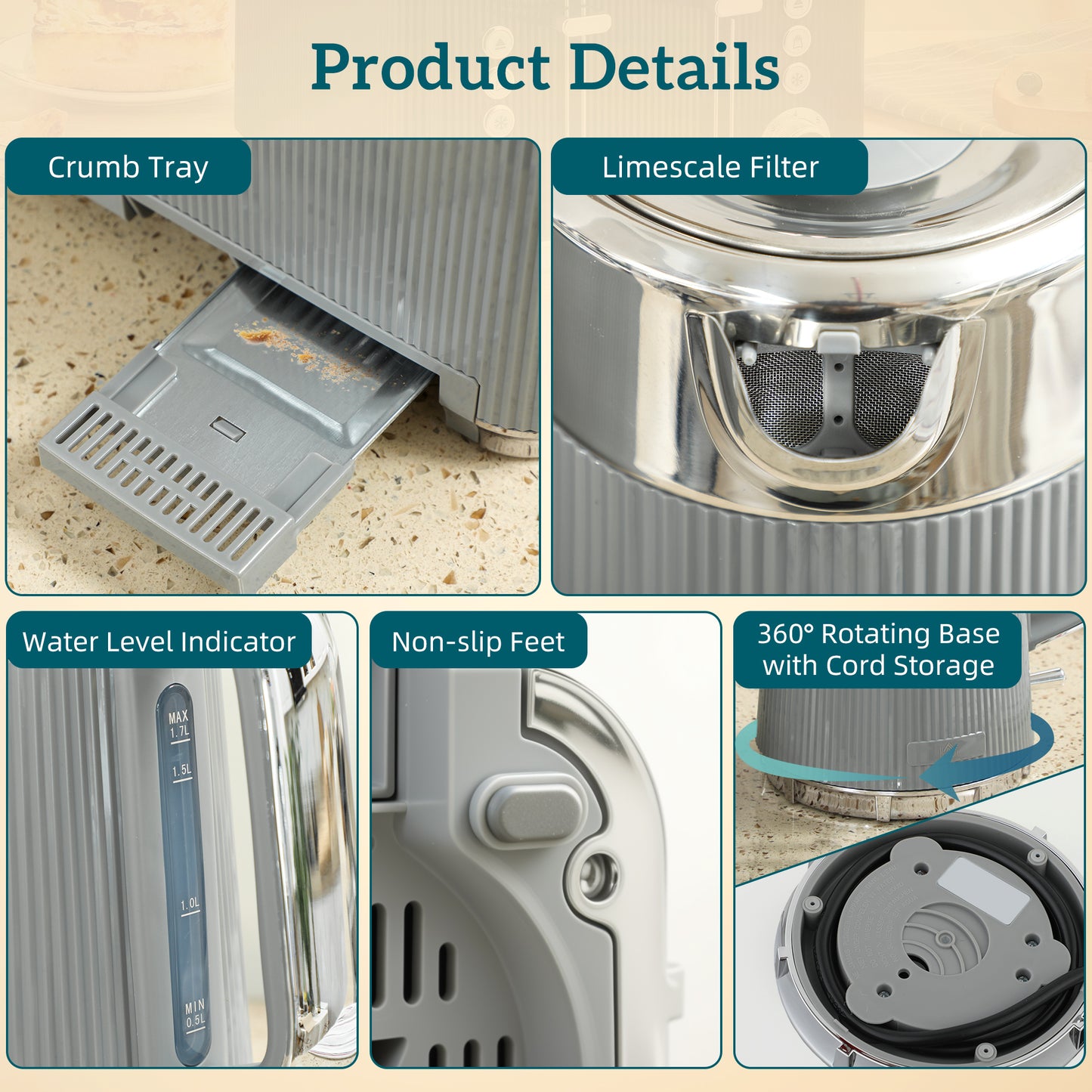 HOMCOM Electric Stainless Steel Kettle and Toaster Set, 3000W 1.7L UK Strix Thermostat Fast Boil Kettle w/ Limescale Filter, Cool Touch Body, 4 Slice Toaster with 7 Browning Levels, Crumb Tray, Taupe