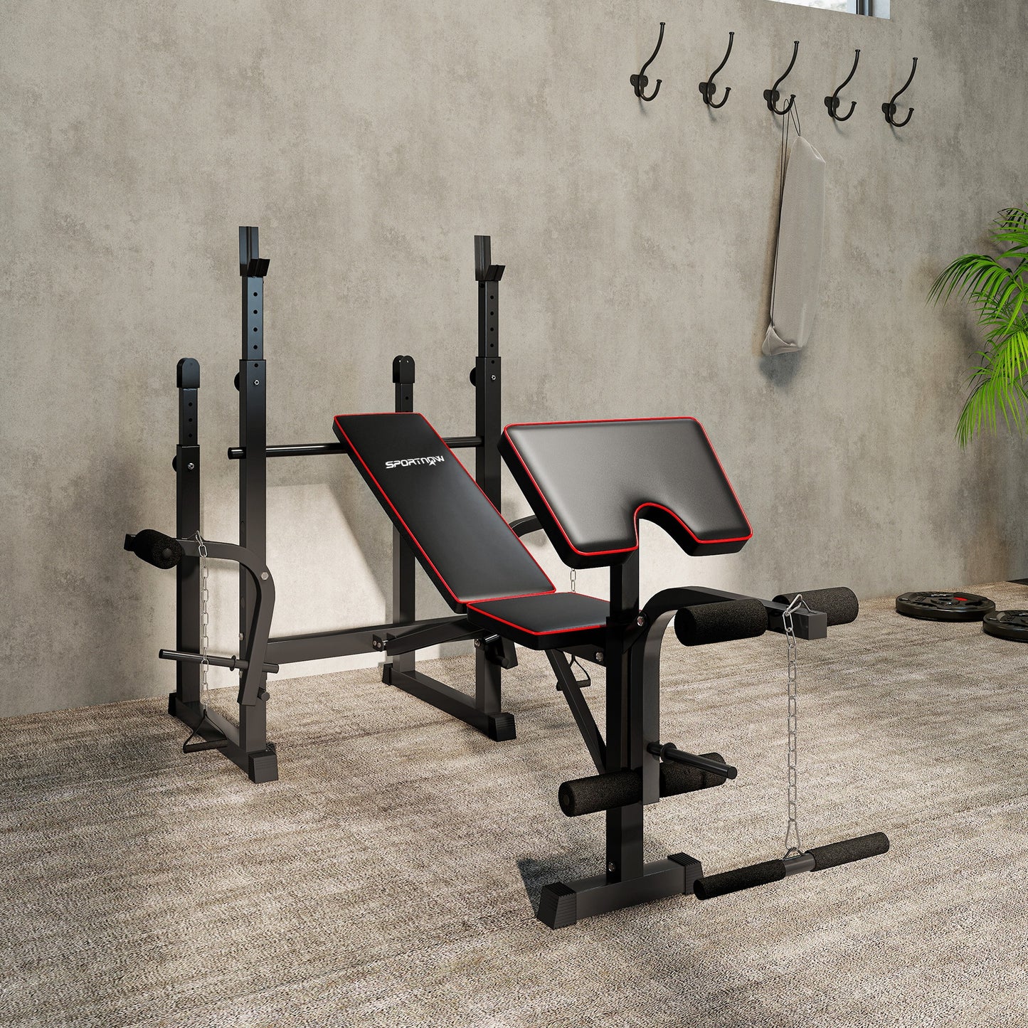 SPORTNOW Weight Bench with Two Barbell Racks, Leg Curl Machine, Preacher Curl Bench, Black