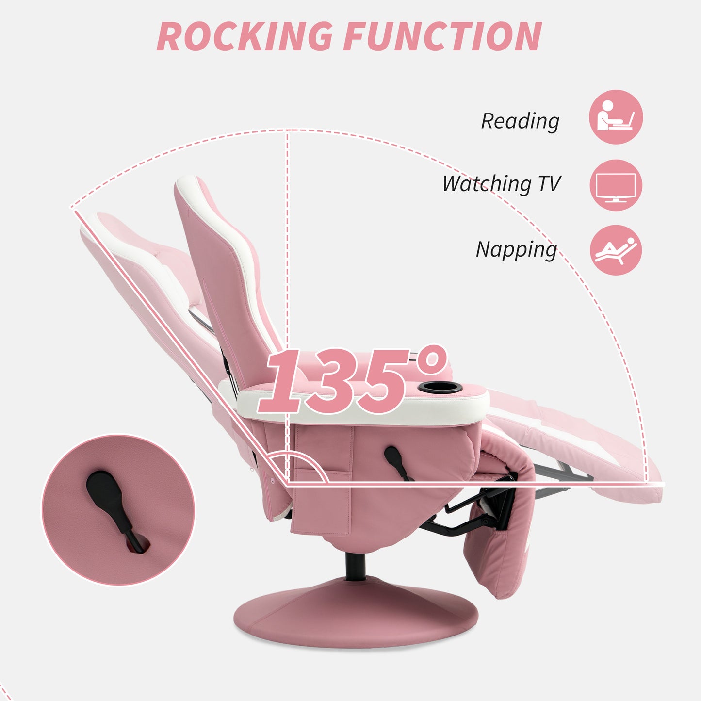 HOMCOM Manual Recliner Armchair PU Leather Lounge Chair w Adjustable Leg Rest, 135° Reclining Function, 360° Swivel, Pink