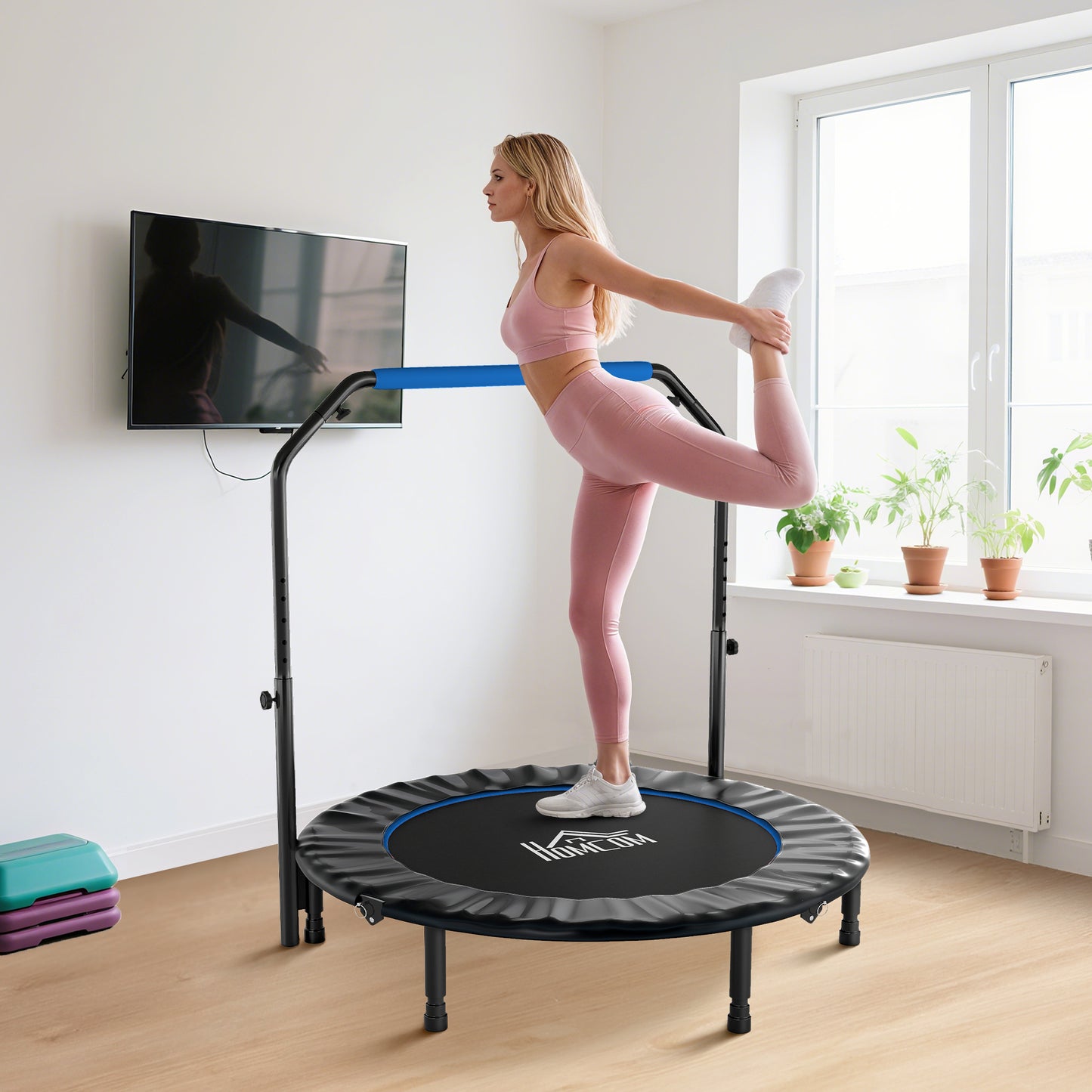 HOMCOM 48" Foldable Mini Fitness Trampoline, with Adjustable Foam Handle, Blue