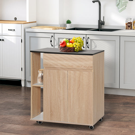 HOMCOM Kitchen Storage Trolley Cart Cupboard Rolling Island Shelves Cabinet With Door and Drawer Locking Wheels