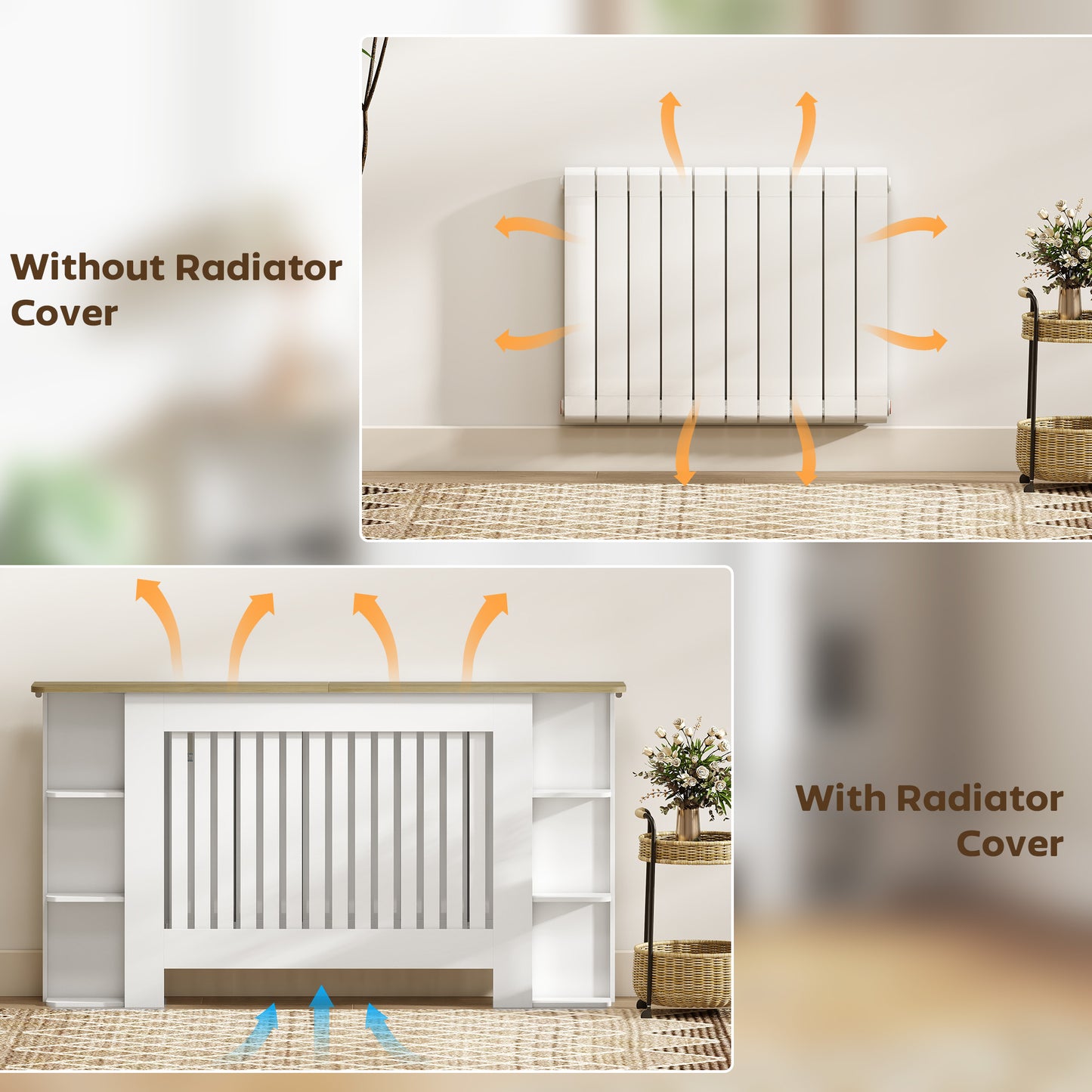 HOMCOM Radiator Cover with Open Storage Shelves, Vertical Slatted Cabinet Shelf Heater Cover for Living Room, Hallway, Large, White (H: 83 / W: 152 / D: 19 cm)