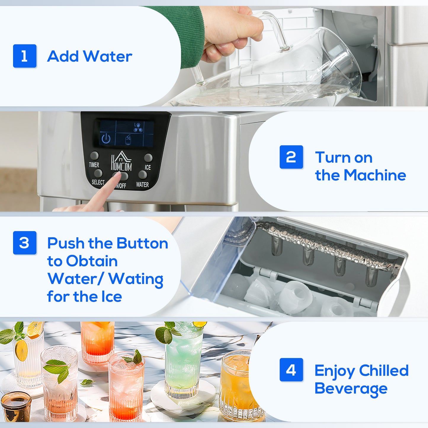 HOMCOM 3L Ice Maker Machine and Water Dispenser, 12kg in 24H, 2 Sizes 9 Ice Cubes Ready in 6-10 Mins Ice Machine, Silver