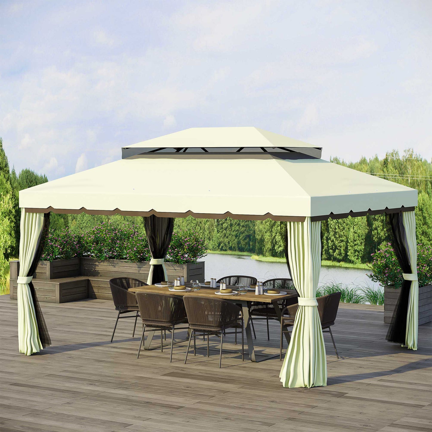 Outsunny 4 x 3 m Aluminum Garden Gazebo, Double Roof Outdoor Gazebo Canopy Shelter with Netting & Curtains for Garden, Lawn, Backyard and Deck, Cream