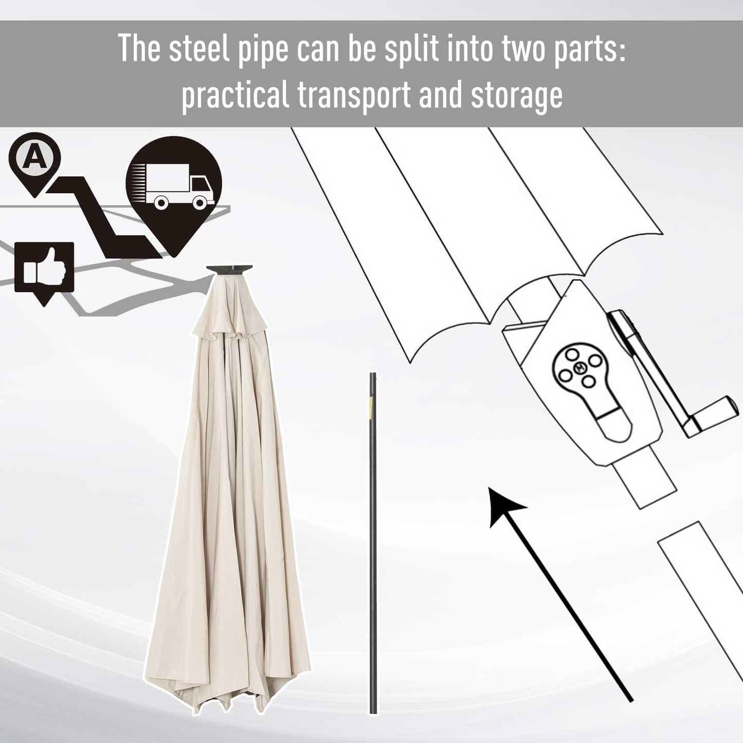 Outsunny Φ2.7m Garden 24 LED Light Parasol Solar Outdoor Tilt Sun Umbrella Patio Club Party Event Manual Sun Shade w/ Hand Crank and 8 Ribs, Off-white