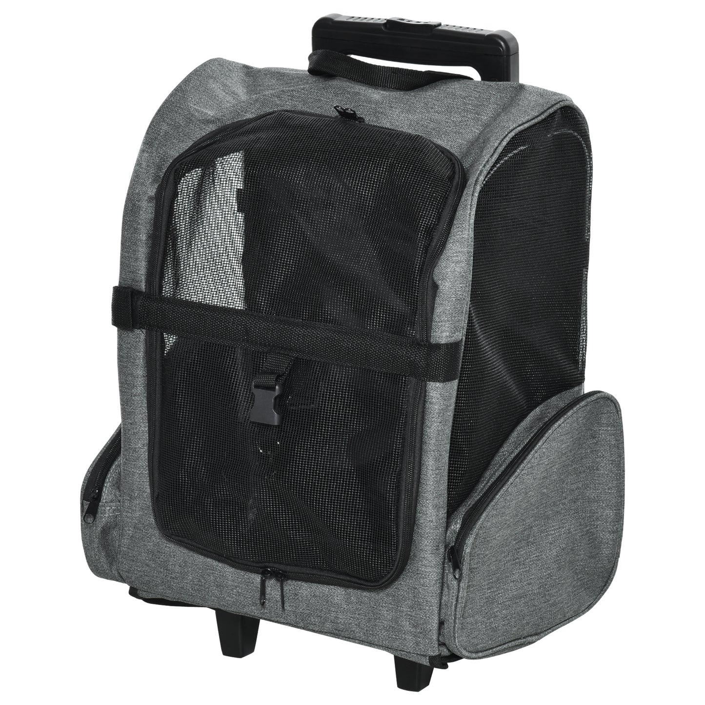 PawHut 2 in 1 Dog Backpack and Trolley, Pet Travel Backpack Cat Dog Carrier with Telescopic Handle, Portable Pet Stroller Wheel Luggage Bag (Grey)